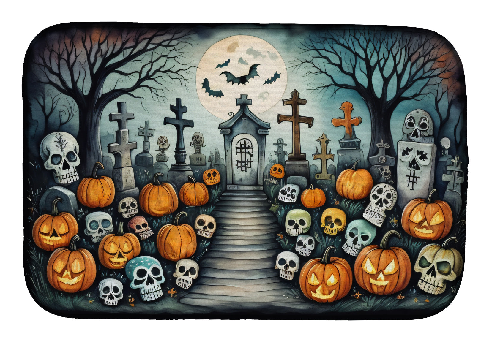 Calaveras Sugar Skulls Spooky Halloween Dish Drying Mat Absorbent Dish Drying Mat Pad for Kitchen Counter Dish Drainer Mat for Countertop, 14 x 21", Multicolor