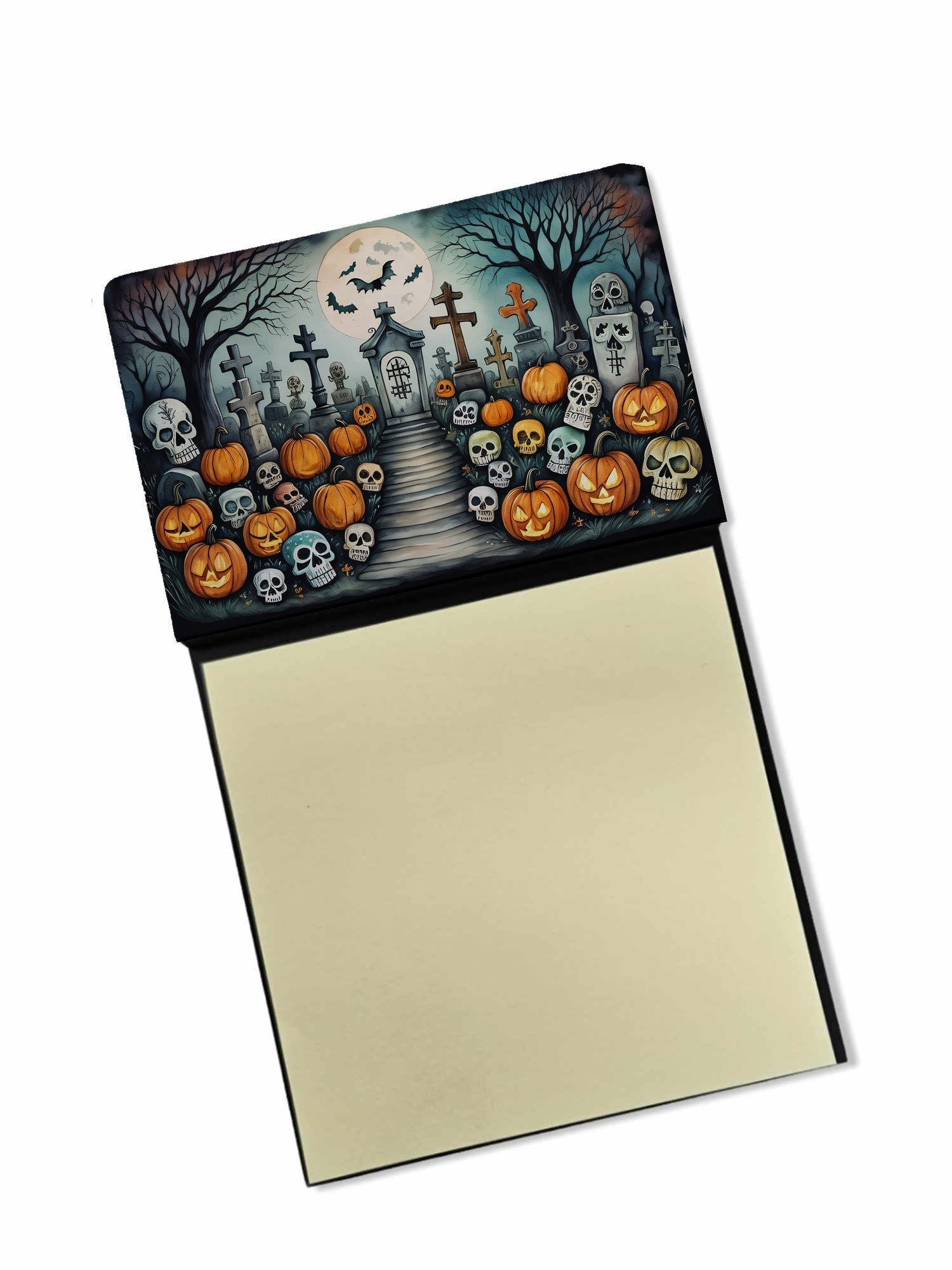 Calaveras Sugar Skulls Spooky Halloween Watercolor Sticky Note Holder Refillable Dispenser Desk Accessory 3x3 Pad Gift