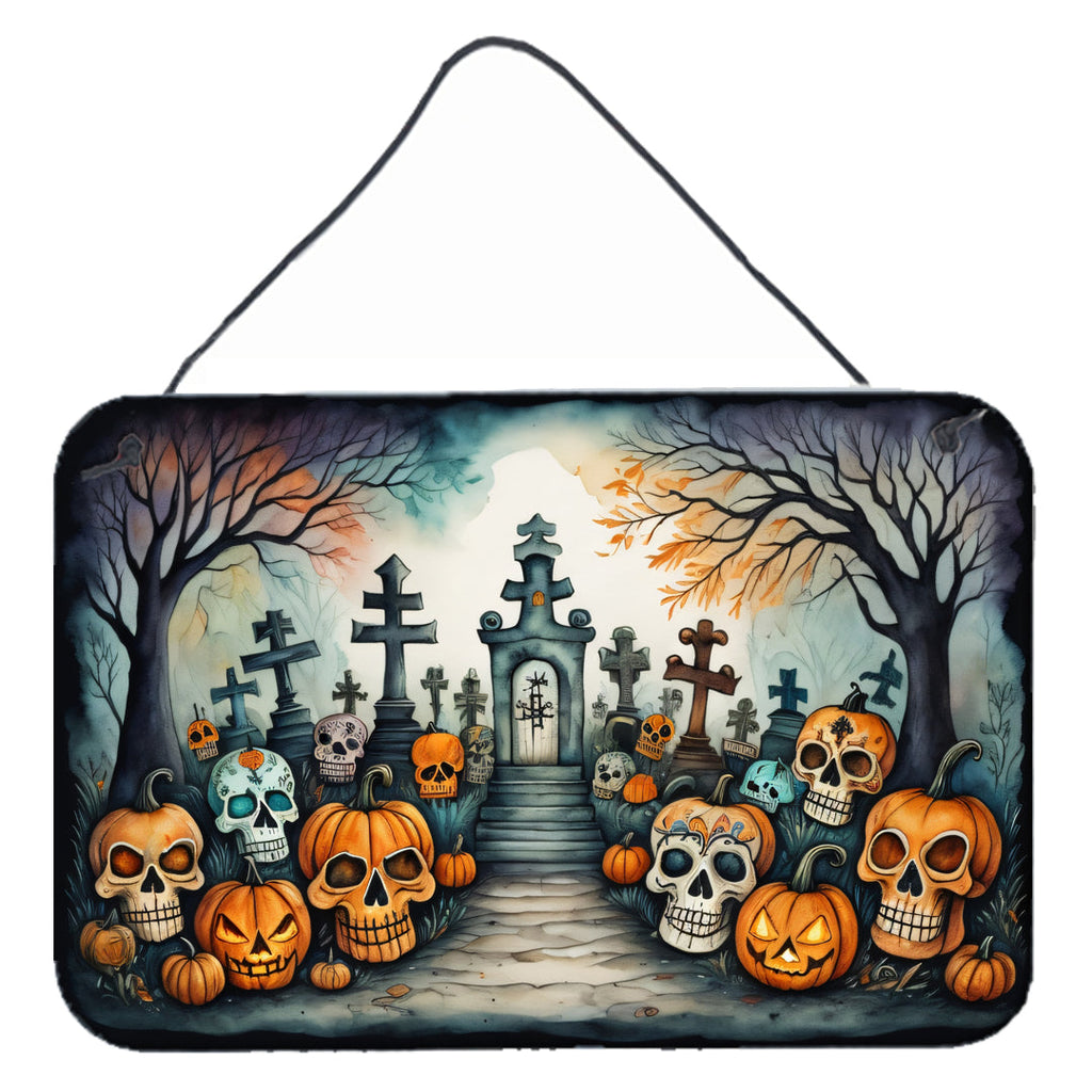 Calaveras Sugar Skulls Spooky Halloween Wall or Door Hanging Prints Aluminum Metal Sign Kitchen Wall Bar Bathroom Plaque Home Decor, 8HX12W, Multicolor
