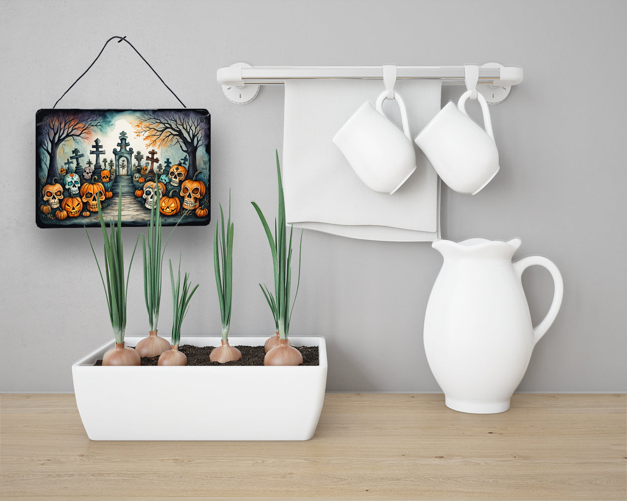Calaveras Sugar Skulls Spooky Halloween Wall or Door Hanging Prints Aluminum Metal Sign Kitchen Wall Bar Bathroom Plaque Home Decor, 8HX12W, Multicolor