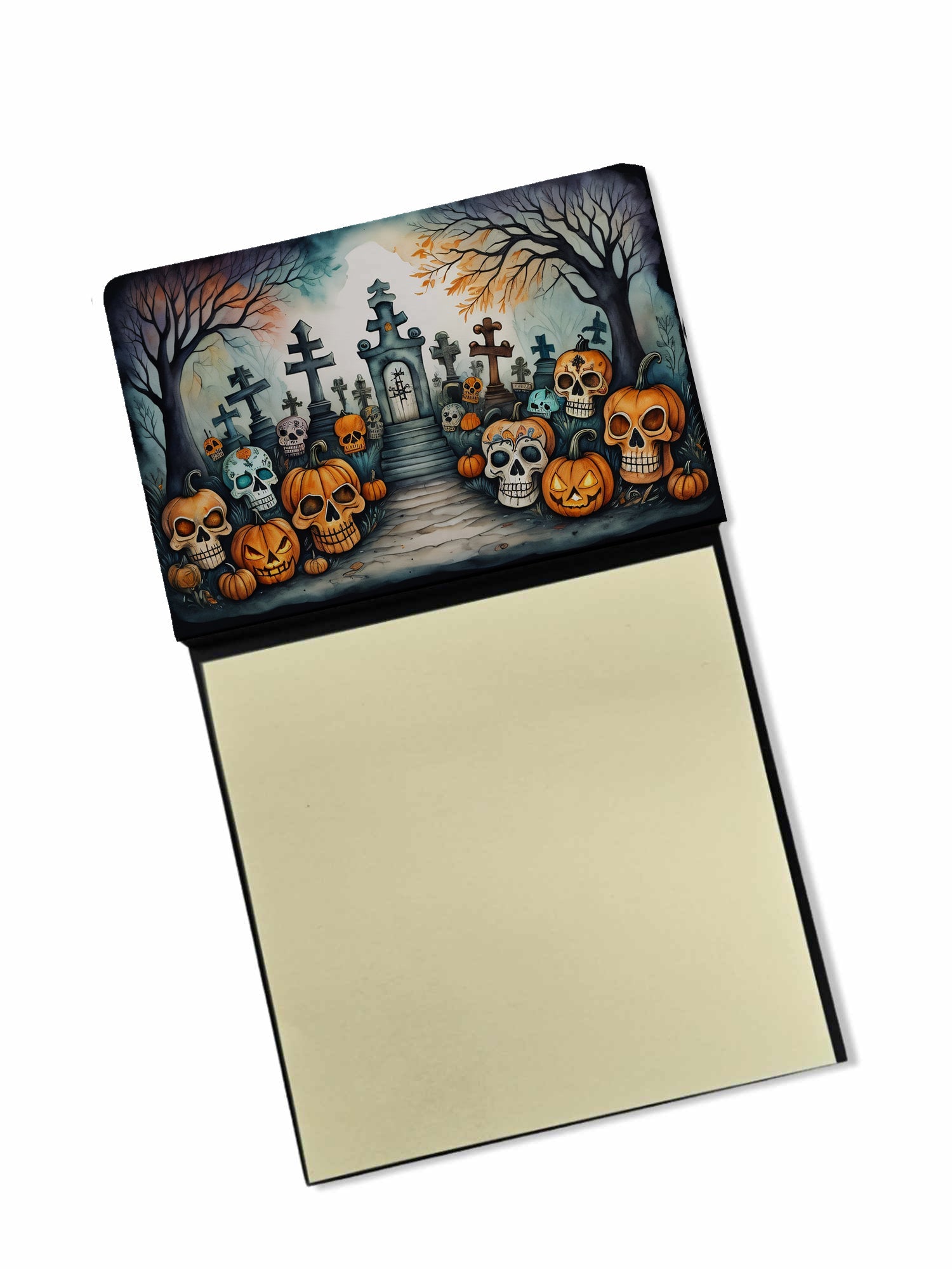 Calaveras Sugar Skulls Spooky Halloween Watercolor Sticky Note Holder Refillable Dispenser Desk Accessory 3x3 Pad Gift