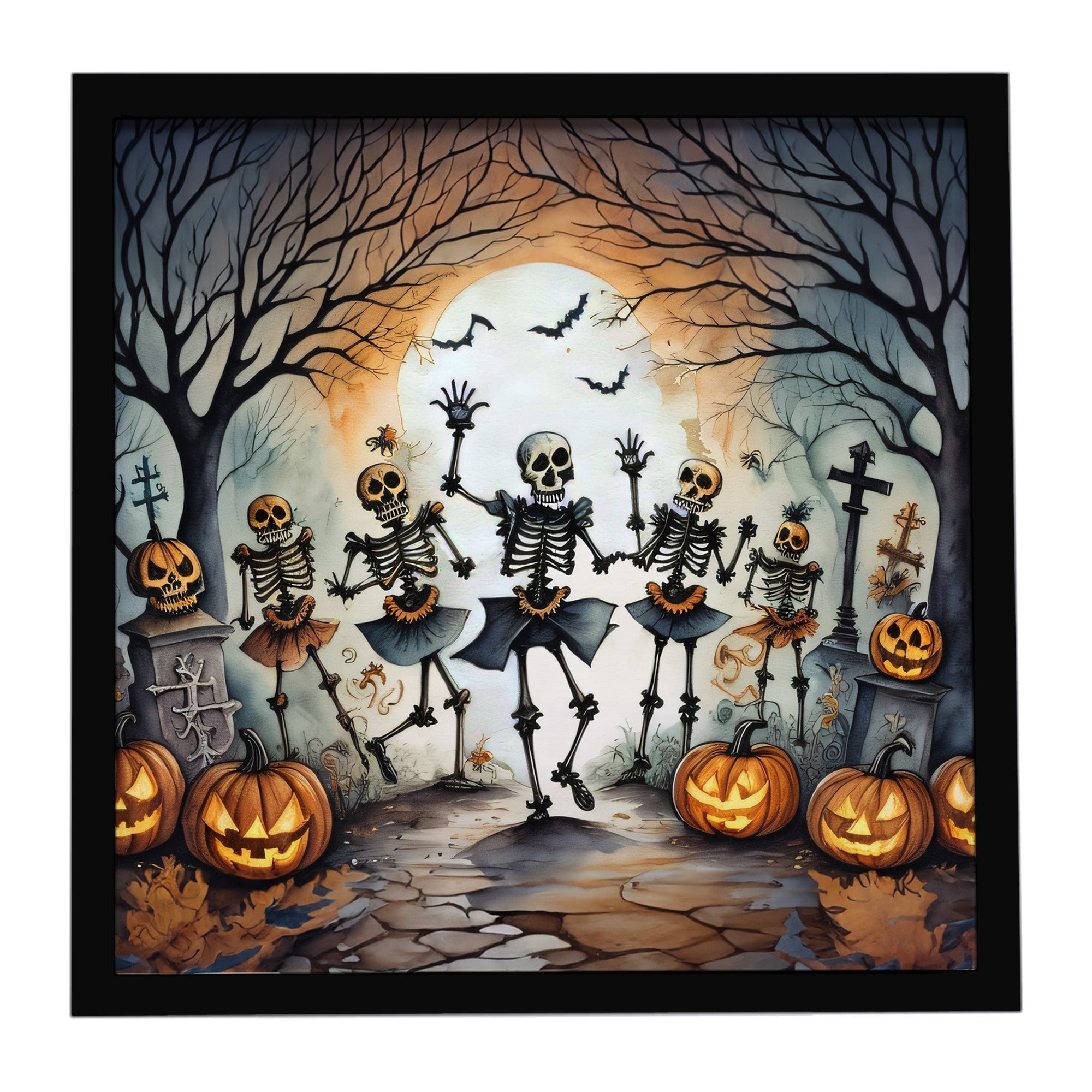 Dancing Skeletons Spooky Halloween Framed Metal Print Bathroom, Kitchen, Office, Home Decor Wall Art Ready to Hang, Square, 8X8