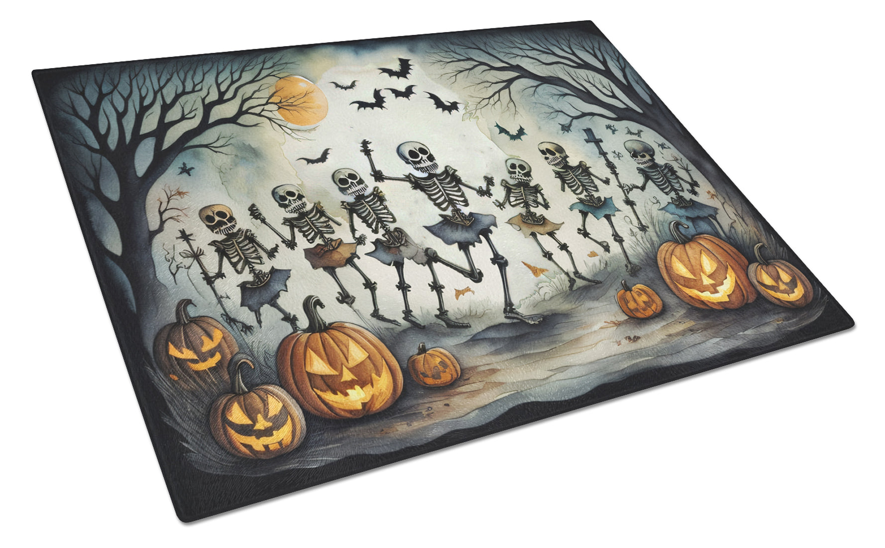 Dancing Skeletons Spooky Halloween Cutting Board Tempered Glass Kitchen Cutting Surface, Heat Resistant Chopping, Non-Slip Feet, Food Prep & Serving