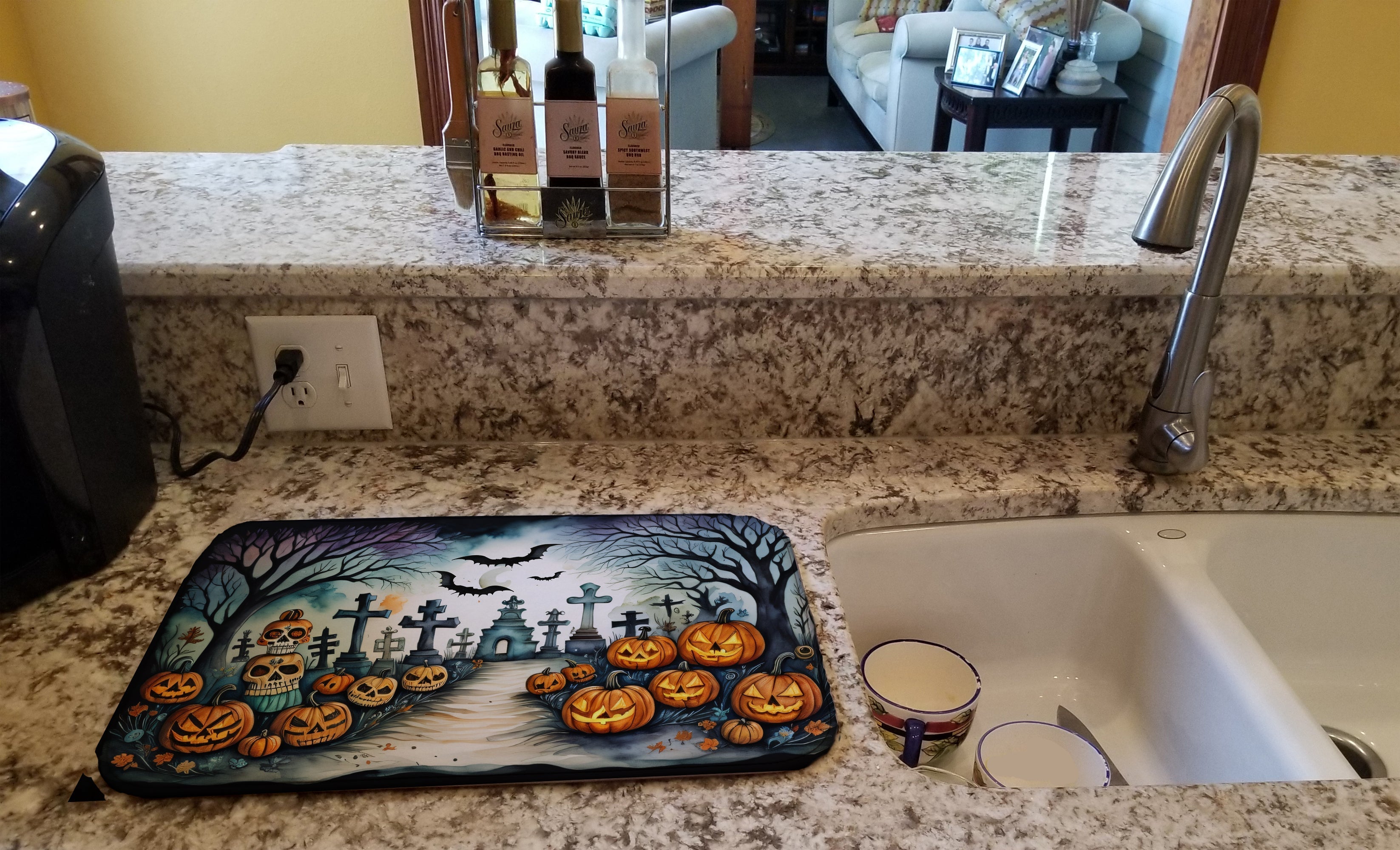 Day of the Dead Spooky Halloween Dish Drying Mat Absorbent Dish Drying Mat Pad for Kitchen Counter Dish Drainer Mat for Countertop, 14 x 21", Multicolor