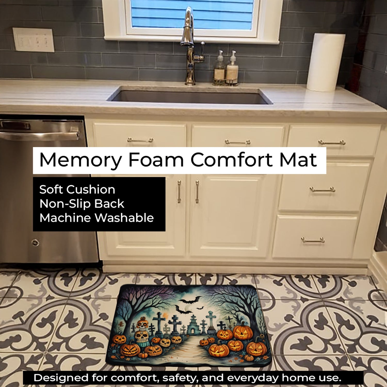 Day of the Dead Spooky Halloween Memory Foam Kitchen Mat Machine Washable Anti-Fatigue Cushion Comfort Bath or Kitchen Rug