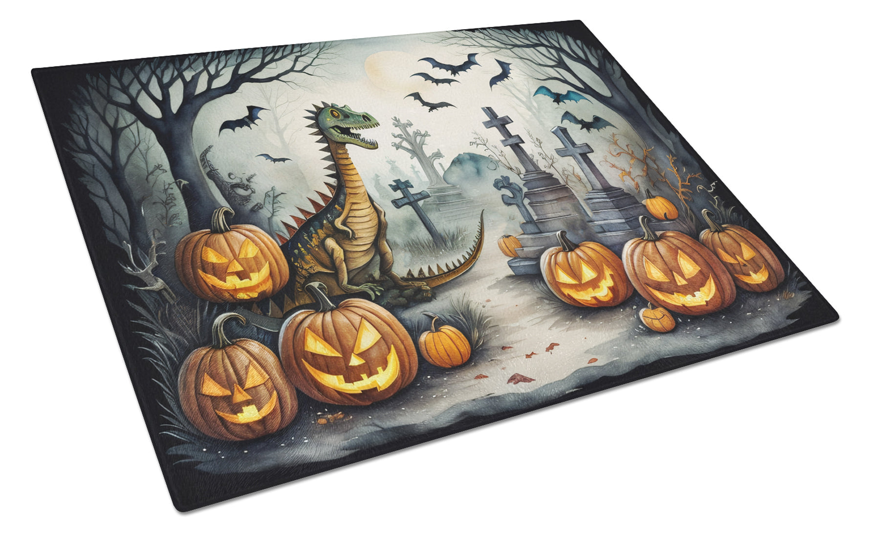 Dinosaurs Spooky Halloween Cutting Board Tempered Glass Kitchen Cutting Surface, Heat Resistant Chopping, Non-Slip Feet, Food Prep & Serving