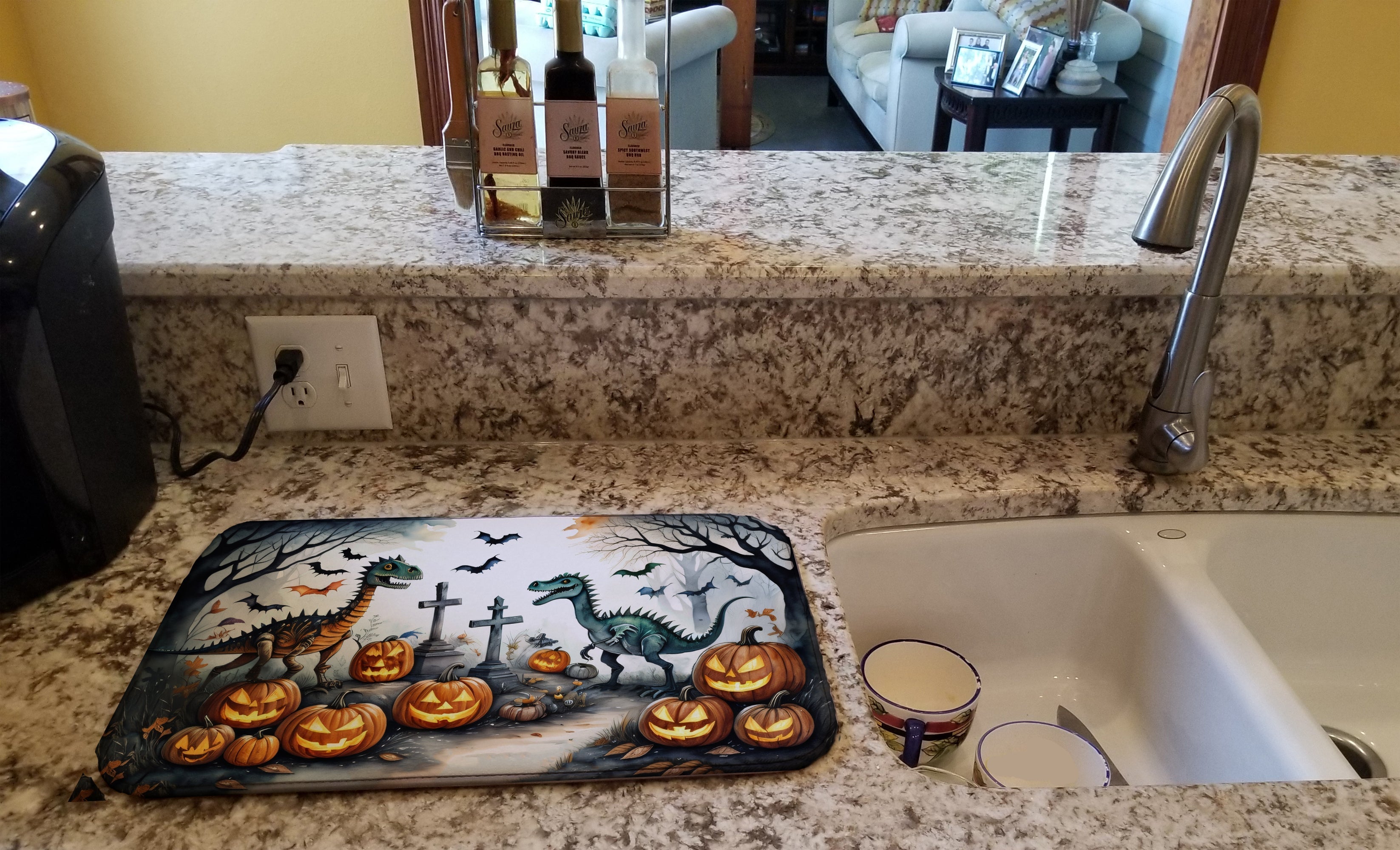 Dinosaurs Spooky Halloween Dish Drying Mat Absorbent Dish Drying Mat Pad for Kitchen Counter Dish Drainer Mat for Countertop, 14 x 21", Multicolor
