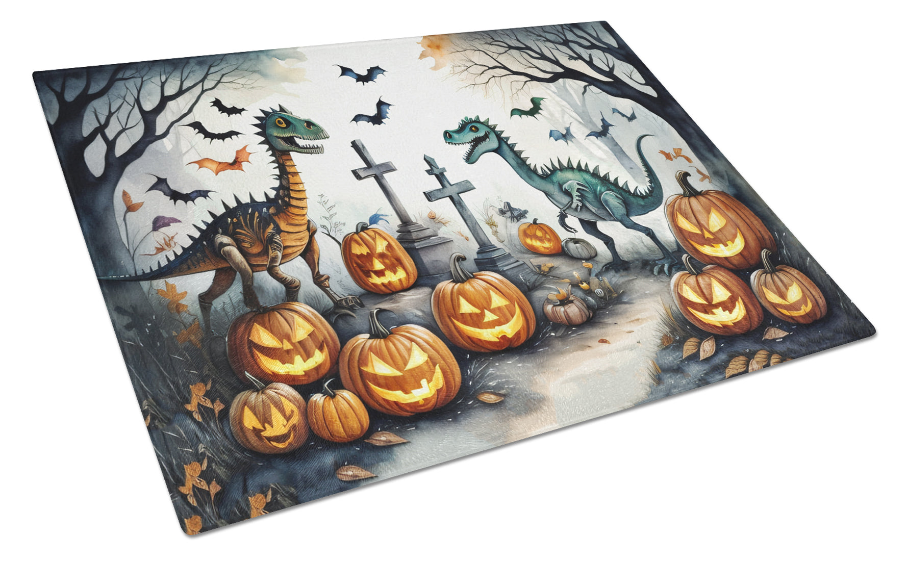 Dinosaurs Spooky Halloween Cutting Board Tempered Glass Kitchen Cutting Surface, Heat Resistant Chopping, Non-Slip Feet, Food Prep & Serving