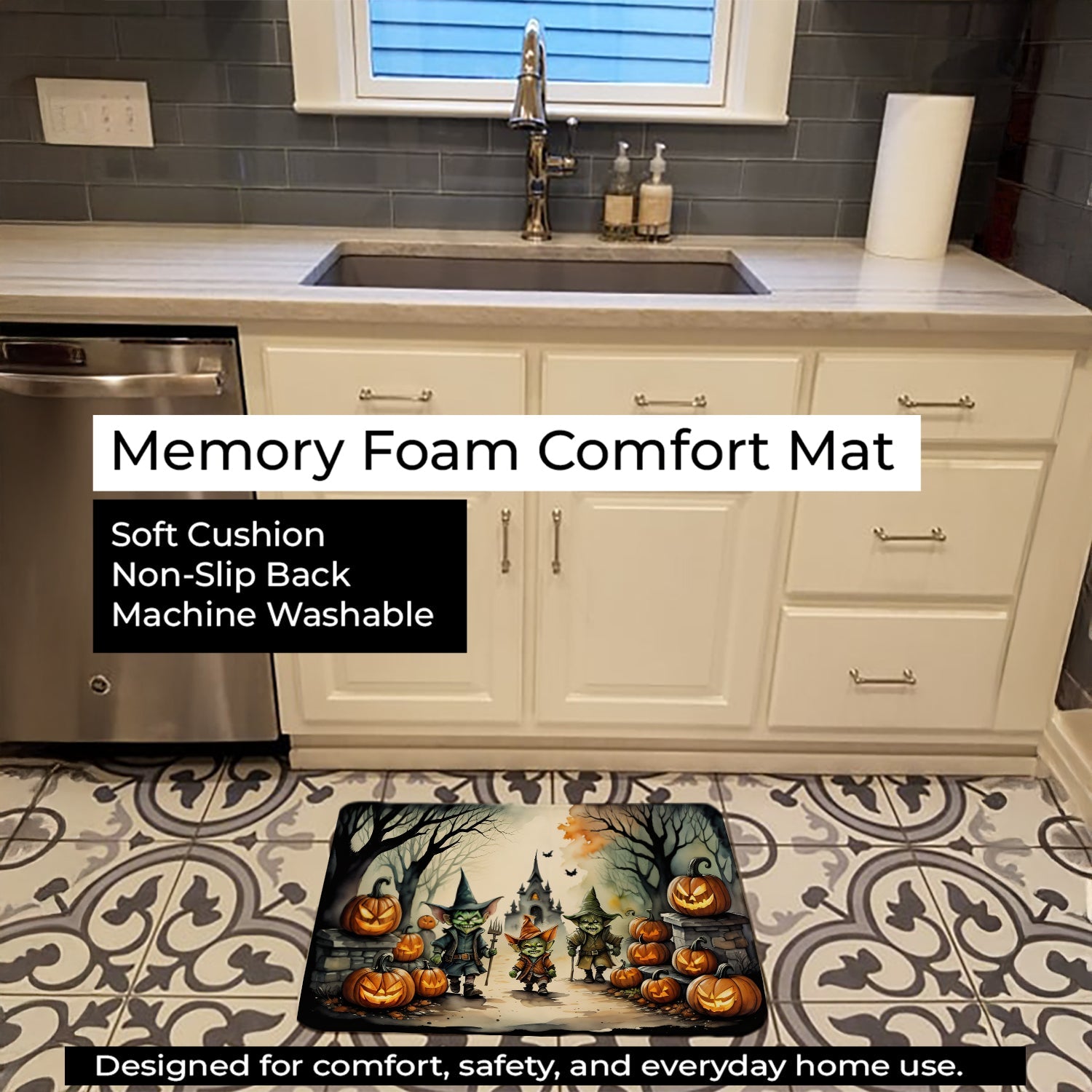Goblins Spooky Halloween Memory Foam Kitchen Mat Machine Washable Anti-Fatigue Cushion Comfort Bath or Kitchen Rug