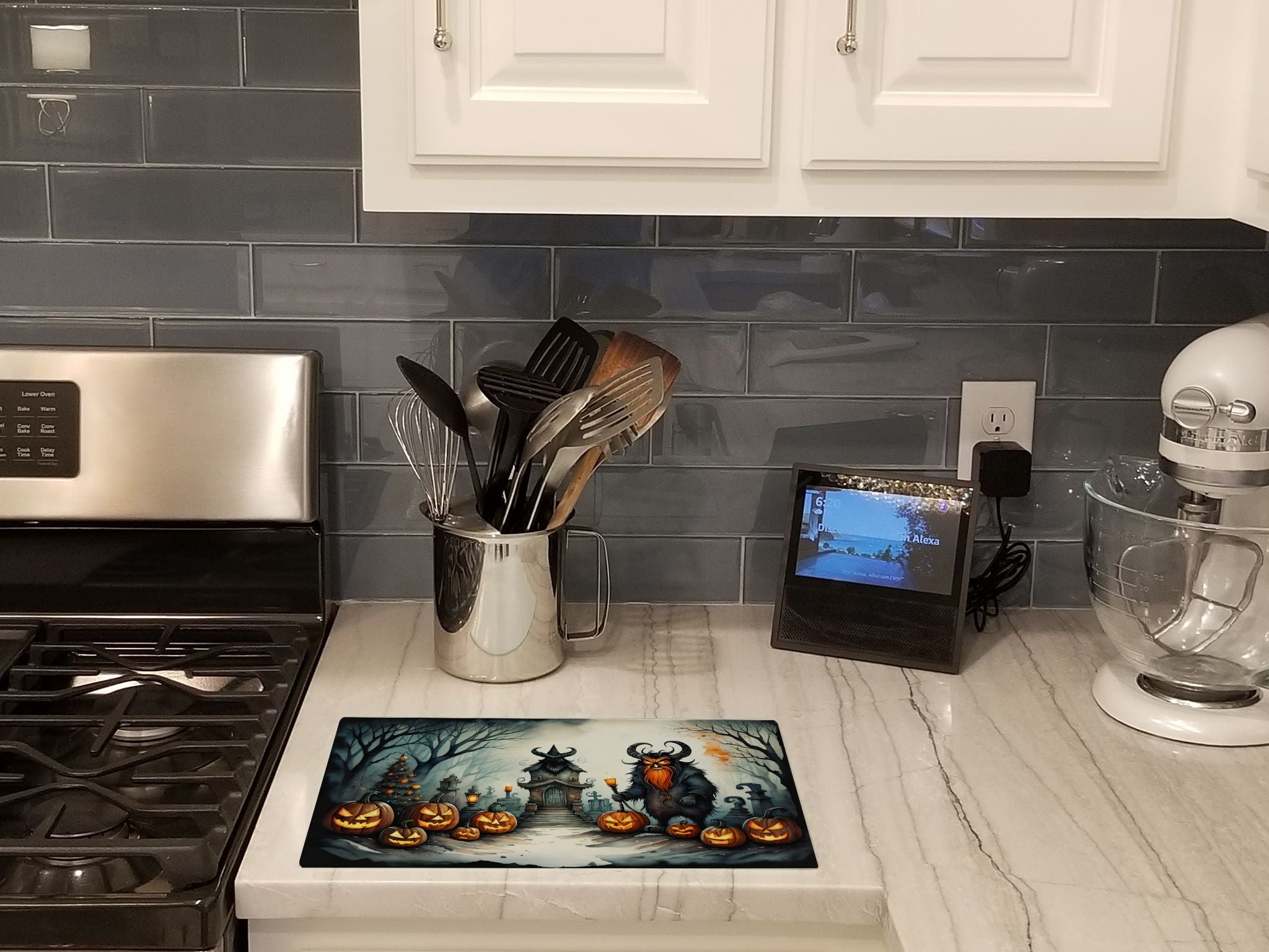 Krampus The Christmas Demon Spooky Halloween Cutting Board Tempered Glass Kitchen Cutting Surface, Heat Resistant Chopping, Non-Slip Feet, Food Prep & Serving
