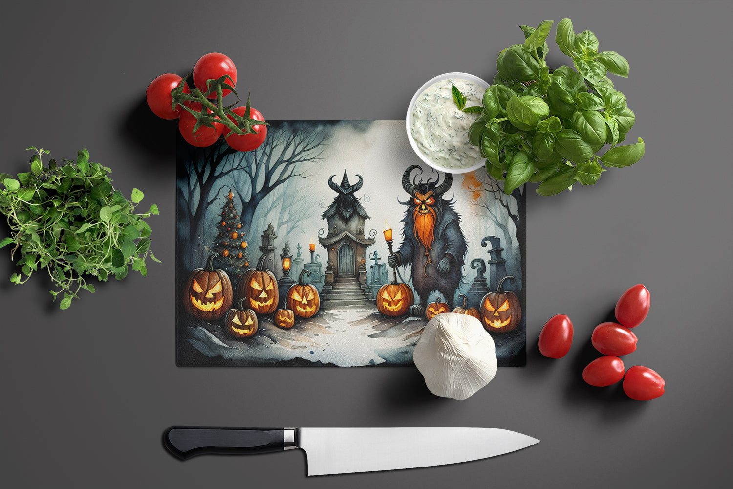 Krampus The Christmas Demon Spooky Halloween Cutting Board Tempered Glass Kitchen Cutting Surface, Heat Resistant Chopping, Non-Slip Feet, Food Prep & Serving