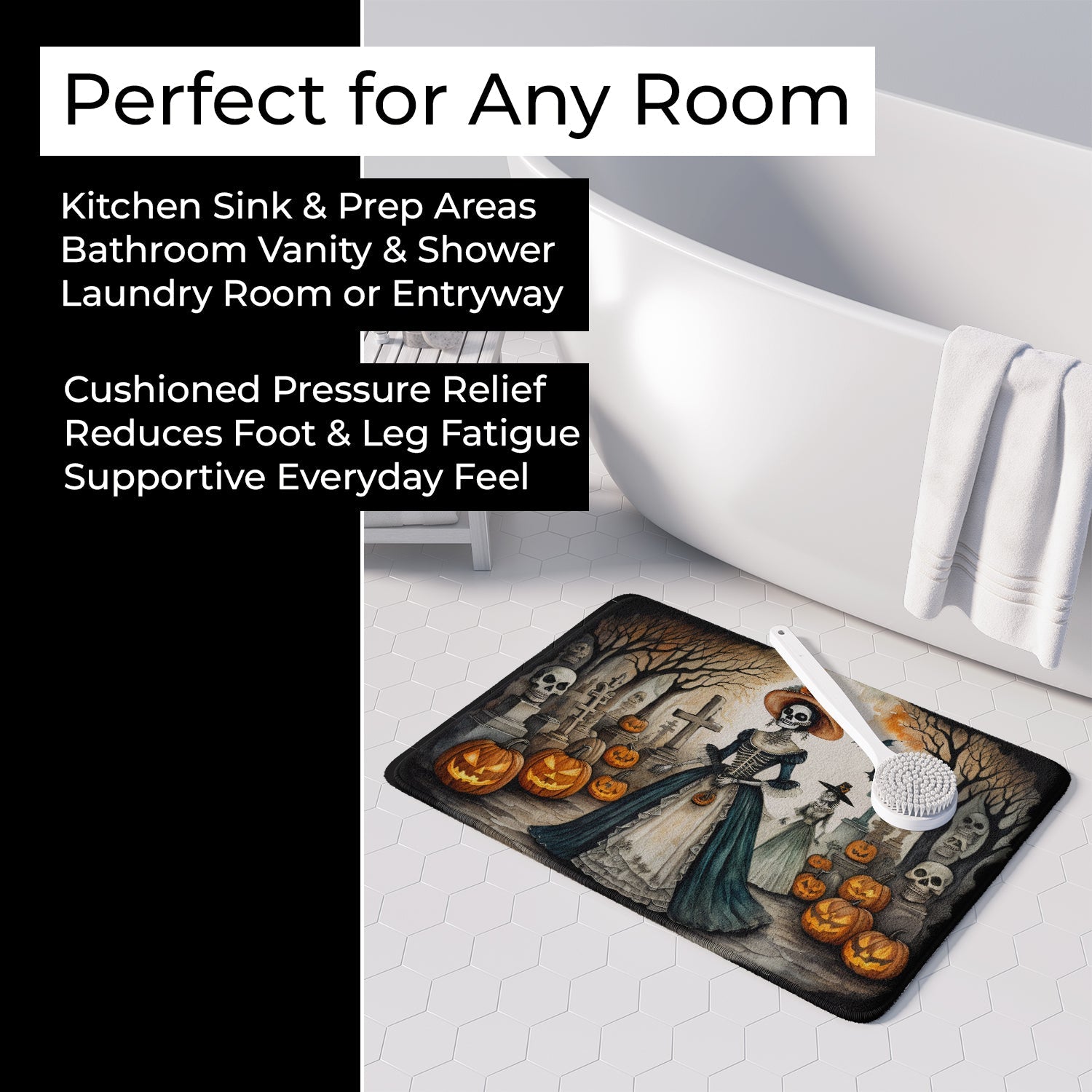 La Catrina Skeleton Spooky Halloween Memory Foam Kitchen Mat Machine Washable Anti-Fatigue Cushion Comfort Bath or Kitchen Rug