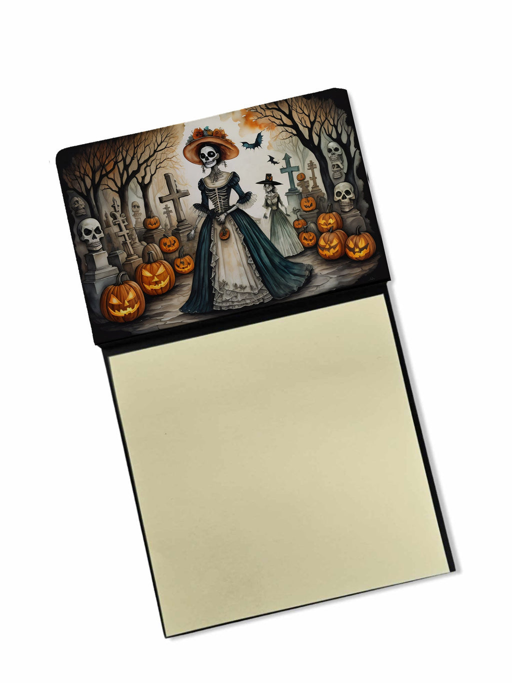 La Catrina Skeleton Spooky Halloween Watercolor Sticky Note Holder Refillable Dispenser Desk Accessory 3x3 Pad Gift