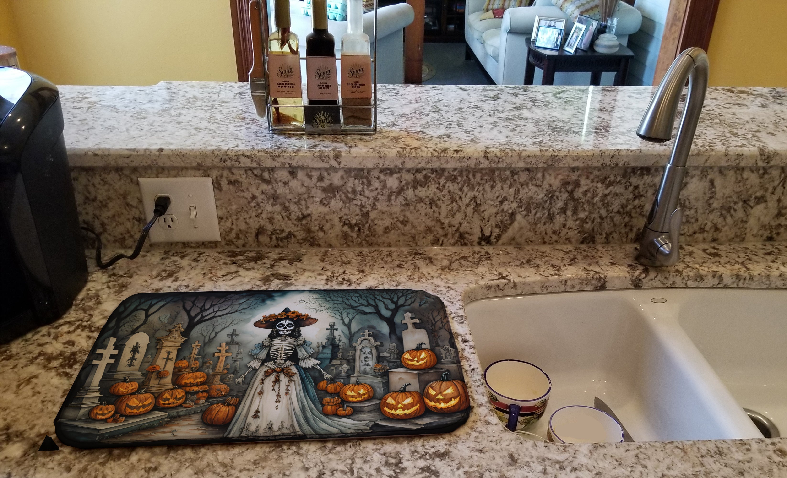 La Catrina Skeleton Spooky Halloween Dish Drying Mat Absorbent Dish Drying Mat Pad for Kitchen Counter Dish Drainer Mat for Countertop, 14 x 21", Multicolor