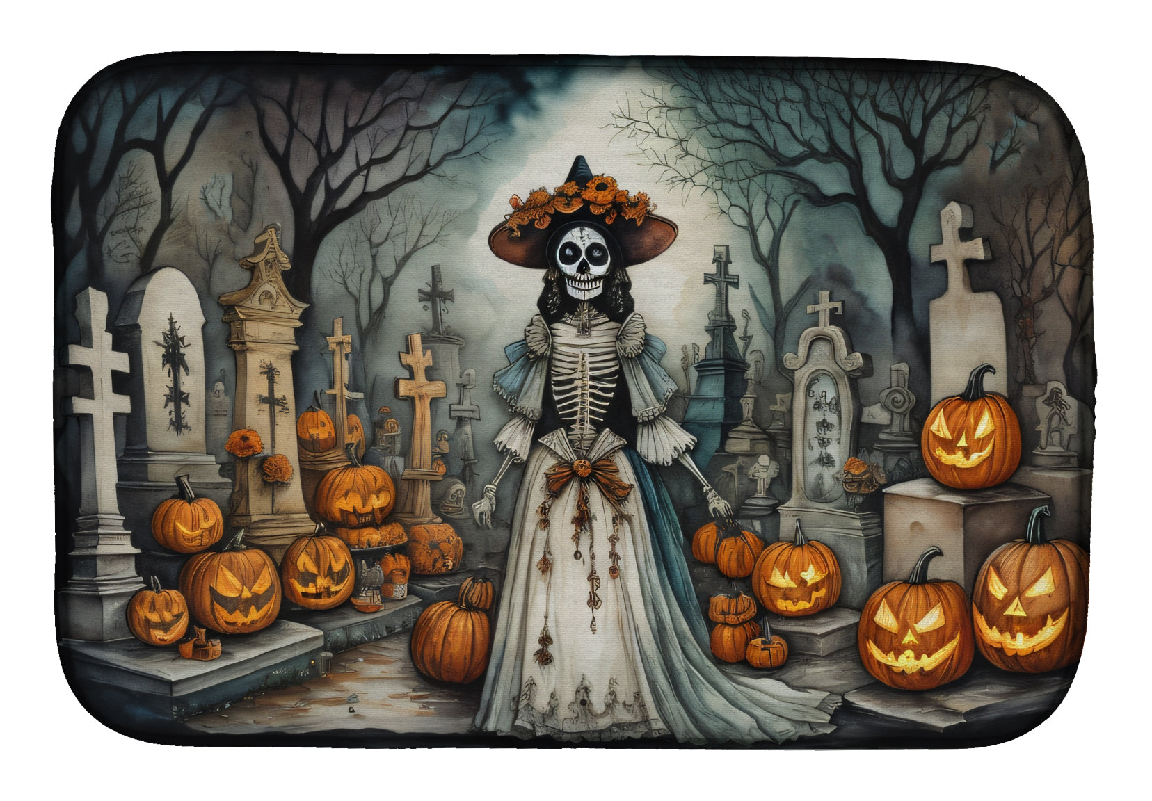 La Catrina Skeleton Spooky Halloween Dish Drying Mat Absorbent Dish Drying Mat Pad for Kitchen Counter Dish Drainer Mat for Countertop, 14 x 21", Multicolor