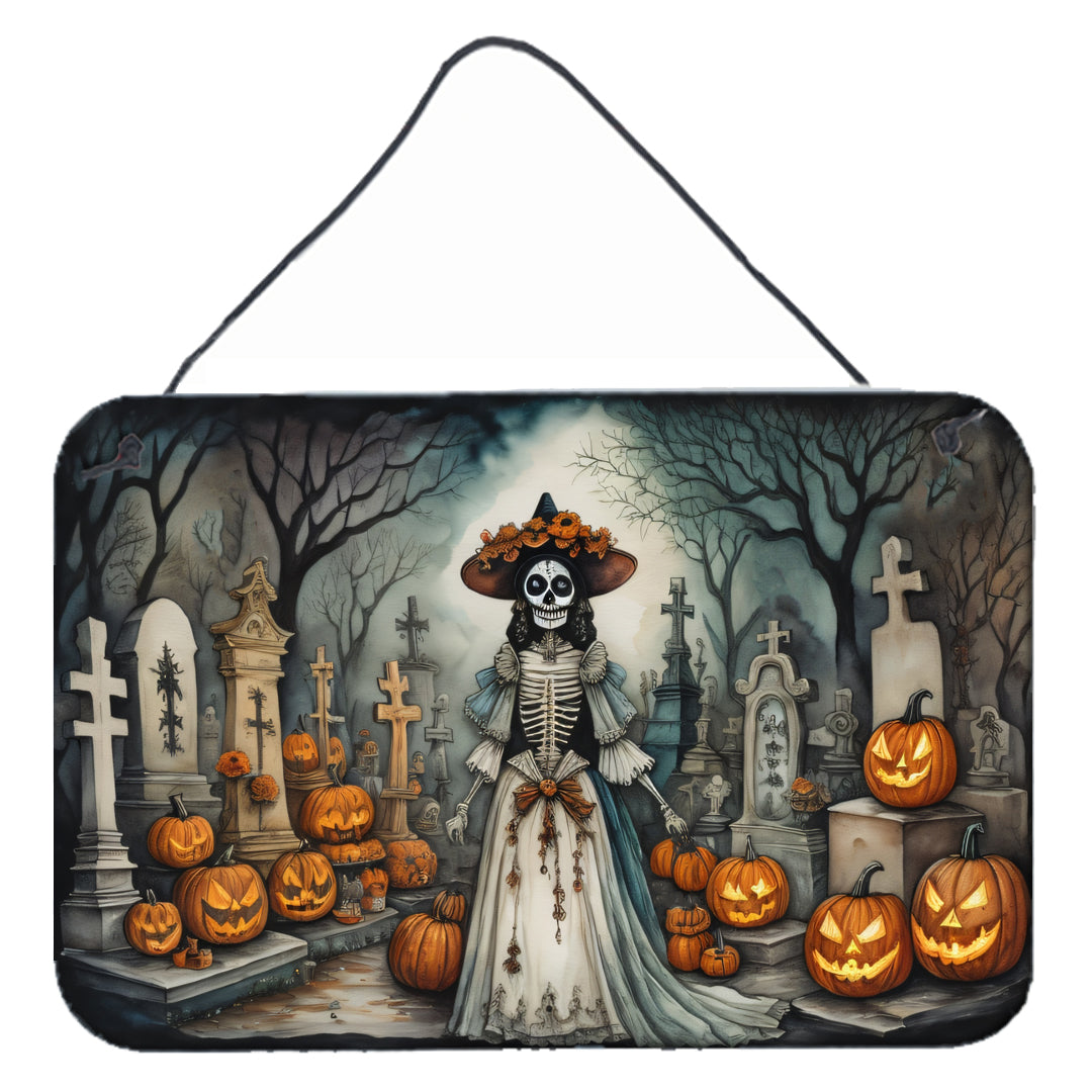 La Catrina Skeleton Spooky Halloween Wall or Door Hanging Prints Aluminum Metal Sign Kitchen Wall Bar Bathroom Plaque Home Decor, 8HX12W, Multicolor