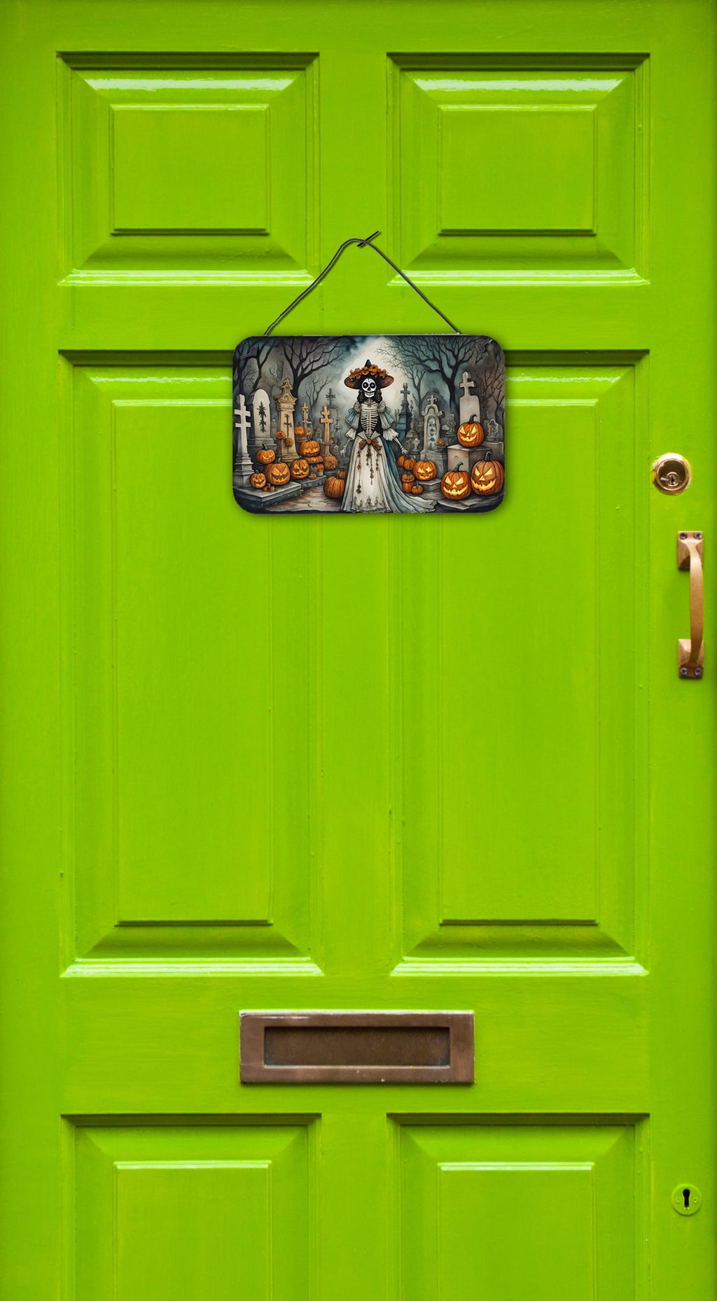 La Catrina Skeleton Spooky Halloween Wall or Door Hanging Prints Aluminum Metal Sign Kitchen Wall Bar Bathroom Plaque Home Decor, 8HX12W, Multicolor