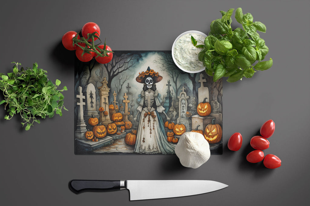 La Catrina Skeleton Spooky Halloween Cutting Board Tempered Glass Kitchen Cutting Surface, Heat Resistant Chopping, Non-Slip Feet, Food Prep & Serving