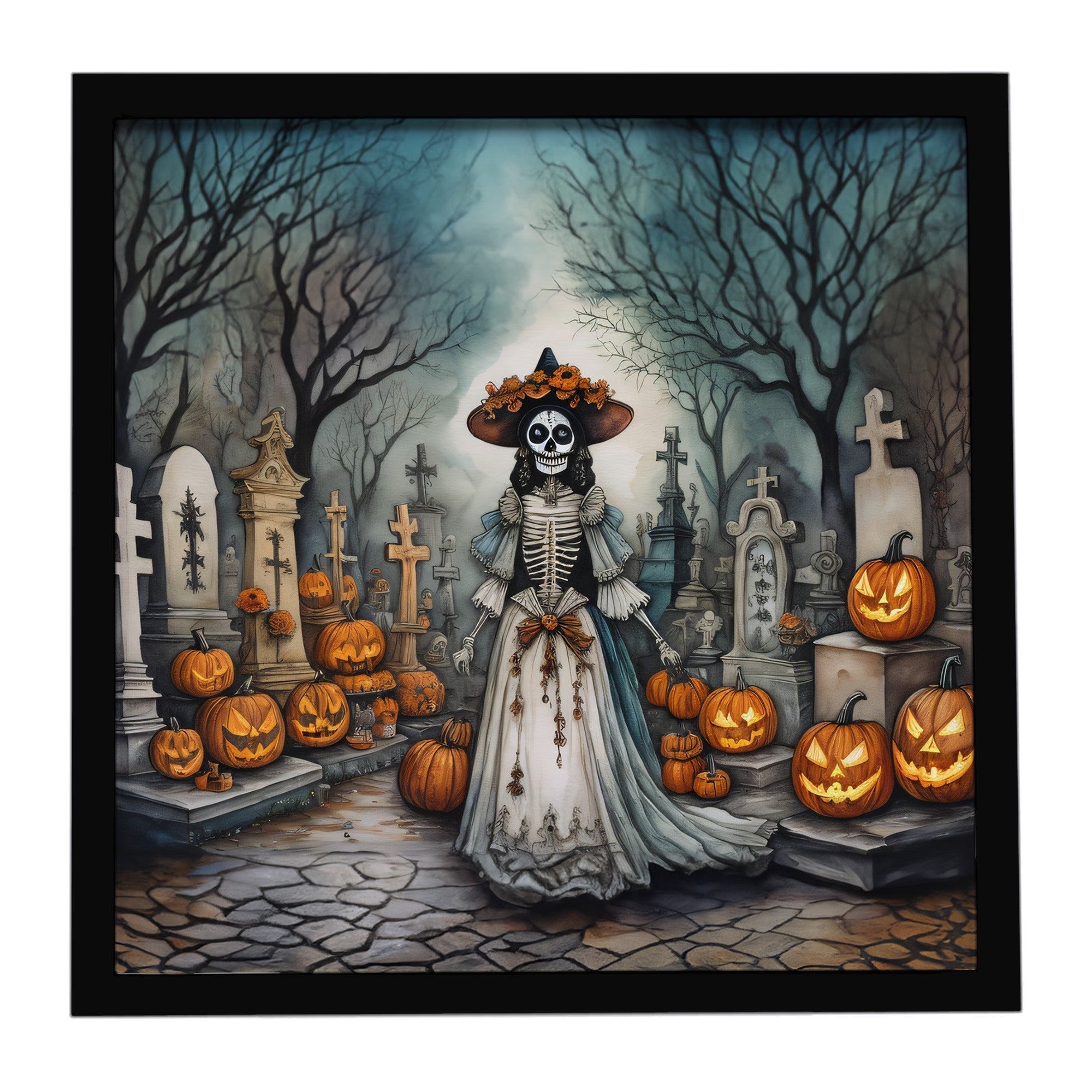 La Catrina Skeleton Spooky Halloween Framed Metal Print Bathroom, Kitchen, Office, Home Decor Wall Art Ready to Hang, Square, 8X8