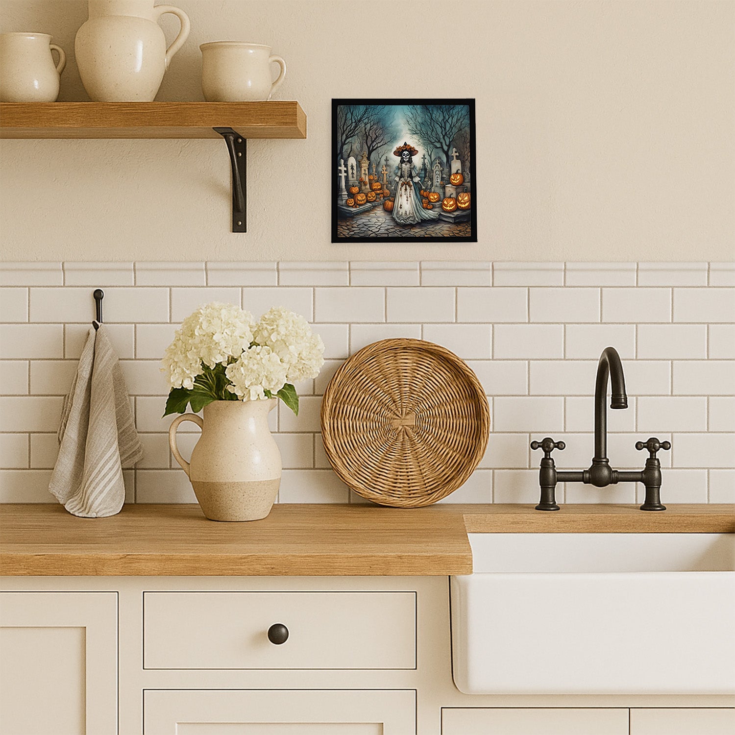 La Catrina Skeleton Spooky Halloween Framed Metal Print Bathroom, Kitchen, Office, Home Decor Wall Art Ready to Hang, Square, 8X8