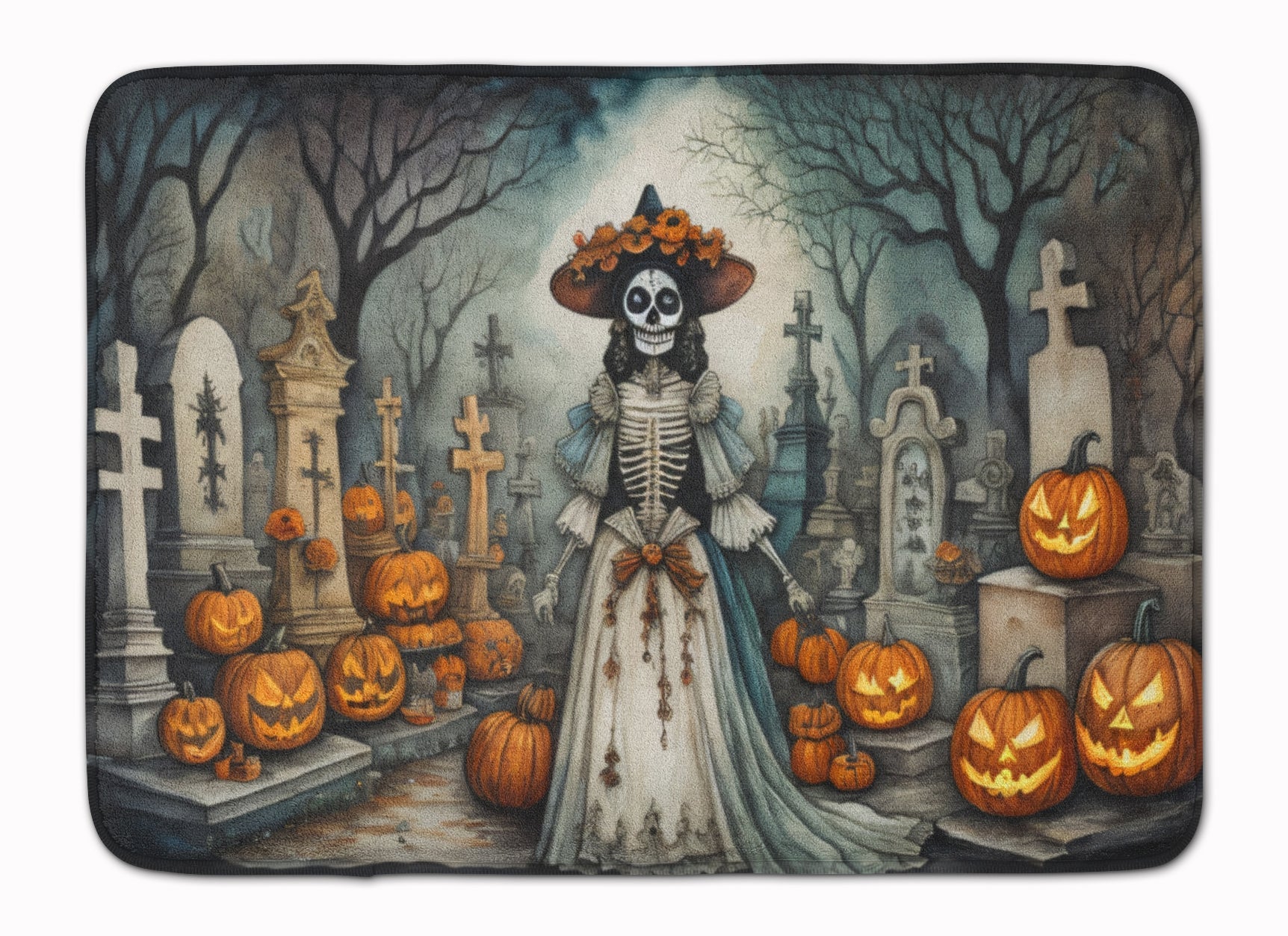 La Catrina Skeleton Spooky Halloween Memory Foam Kitchen Mat Machine Washable Anti-Fatigue Cushion Comfort Bath or Kitchen Rug