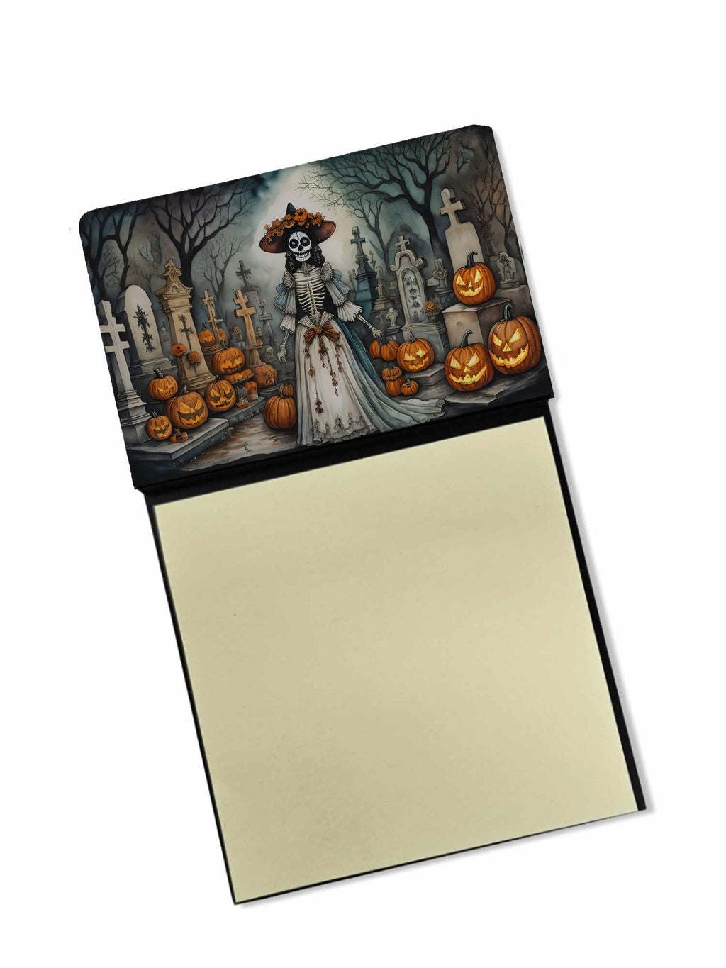 La Catrina Skeleton Spooky Halloween Watercolor Sticky Note Holder Refillable Dispenser Desk Accessory 3x3 Pad Gift