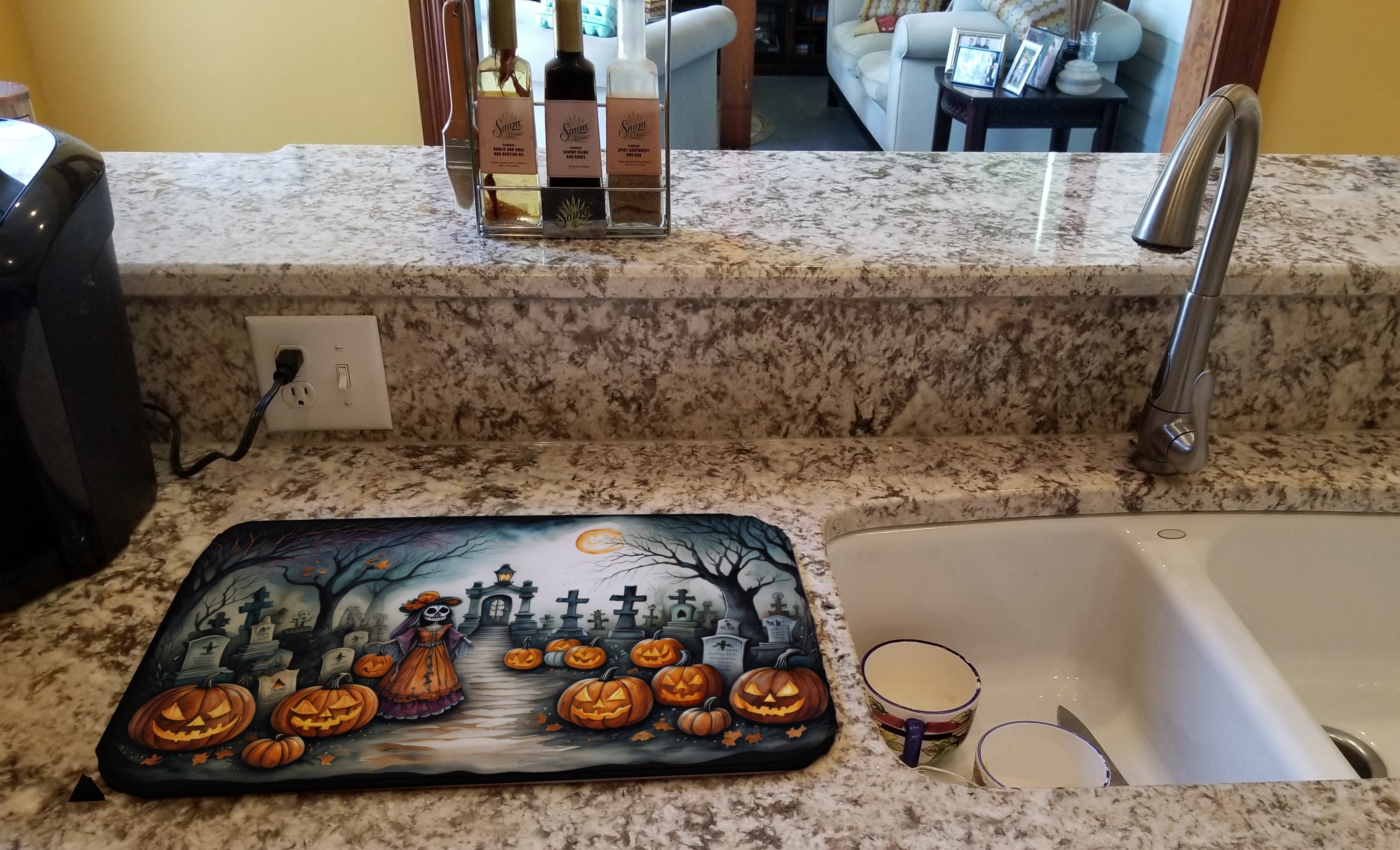 La Catrina Skeleton Spooky Halloween Dish Drying Mat Absorbent Dish Drying Mat Pad for Kitchen Counter Dish Drainer Mat for Countertop, 14 x 21", Multicolor