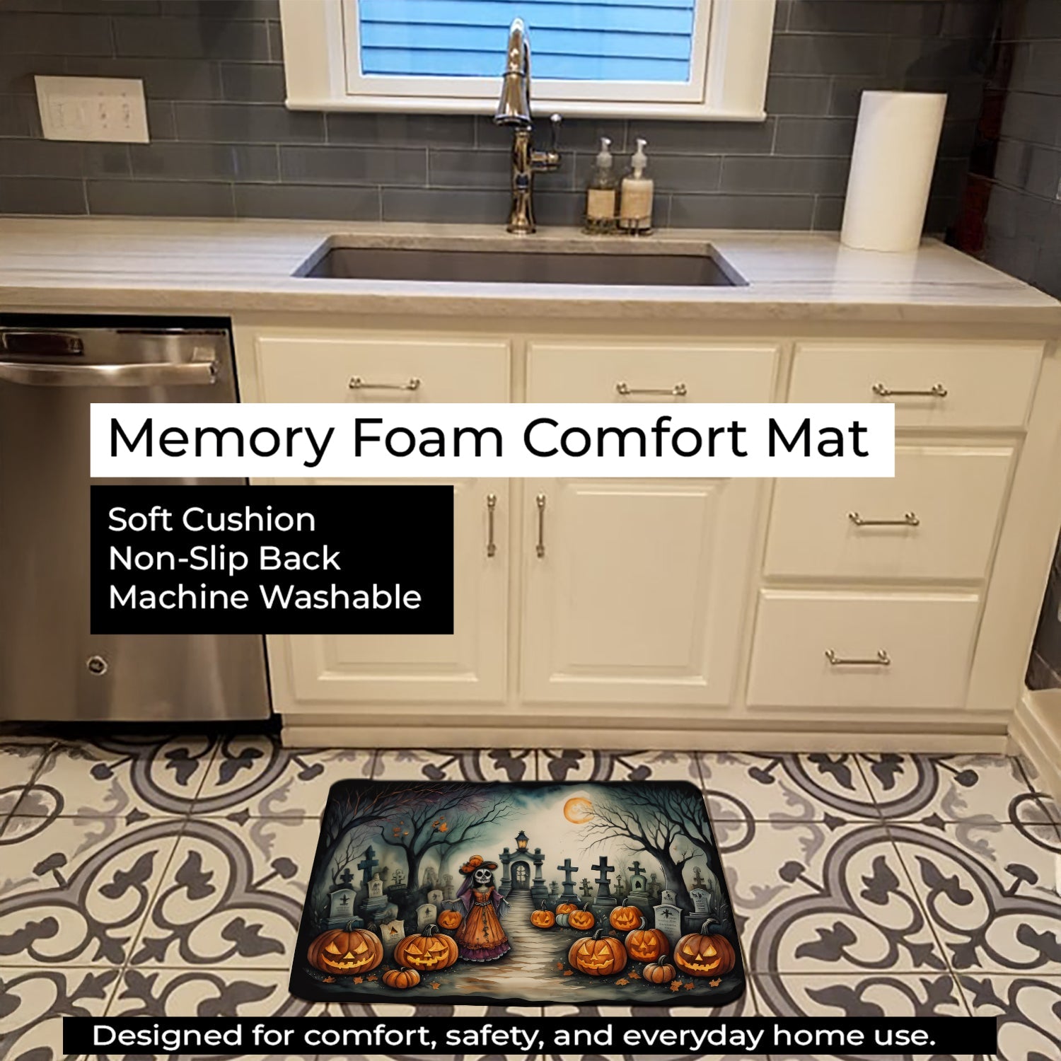 La Catrina Skeleton Spooky Halloween Memory Foam Kitchen Mat Machine Washable Anti-Fatigue Cushion Comfort Bath or Kitchen Rug