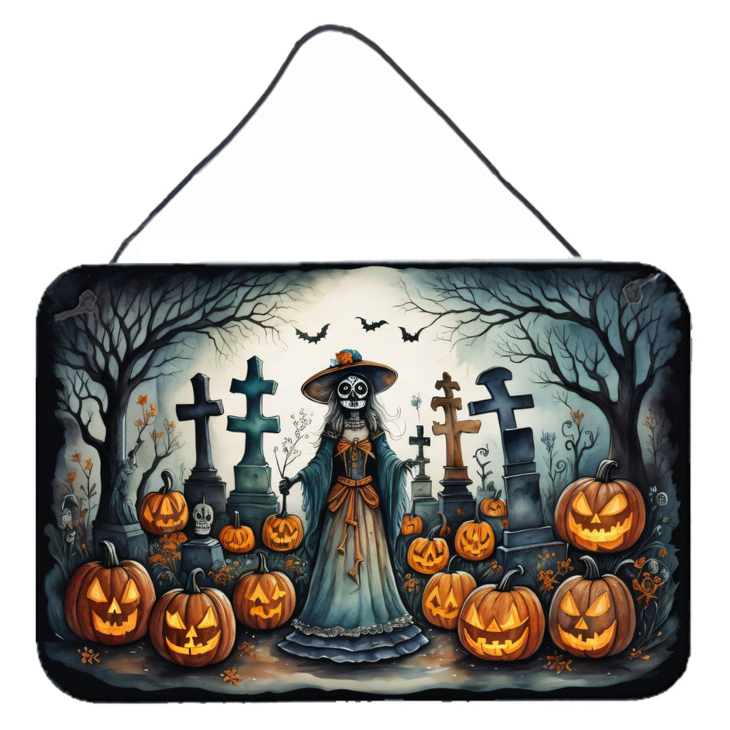 La Catrina Skeleton Spooky Halloween Wall or Door Hanging Prints Aluminum Metal Sign Kitchen Wall Bar Bathroom Plaque Home Decor, 8HX12W, Multicolor