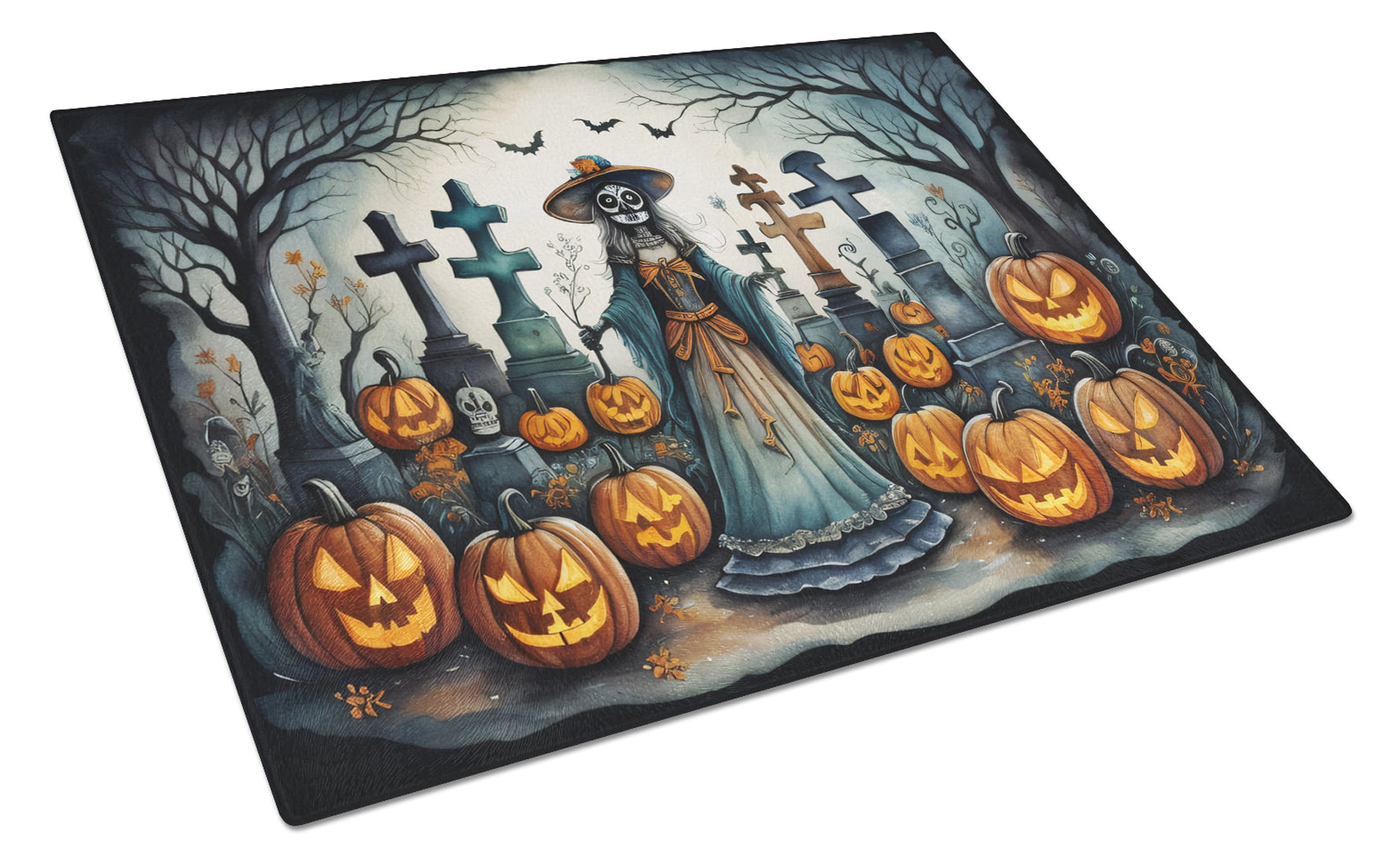 La Catrina Skeleton Spooky Halloween Cutting Board Tempered Glass Kitchen Cutting Surface, Heat Resistant Chopping, Non-Slip Feet, Food Prep & Serving
