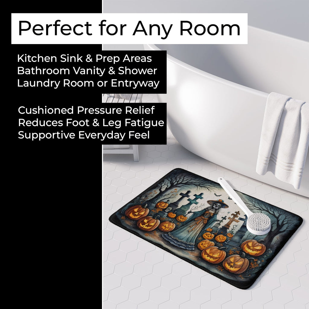 La Catrina Skeleton Spooky Halloween Memory Foam Kitchen Mat Machine Washable Anti-Fatigue Cushion Comfort Bath or Kitchen Rug
