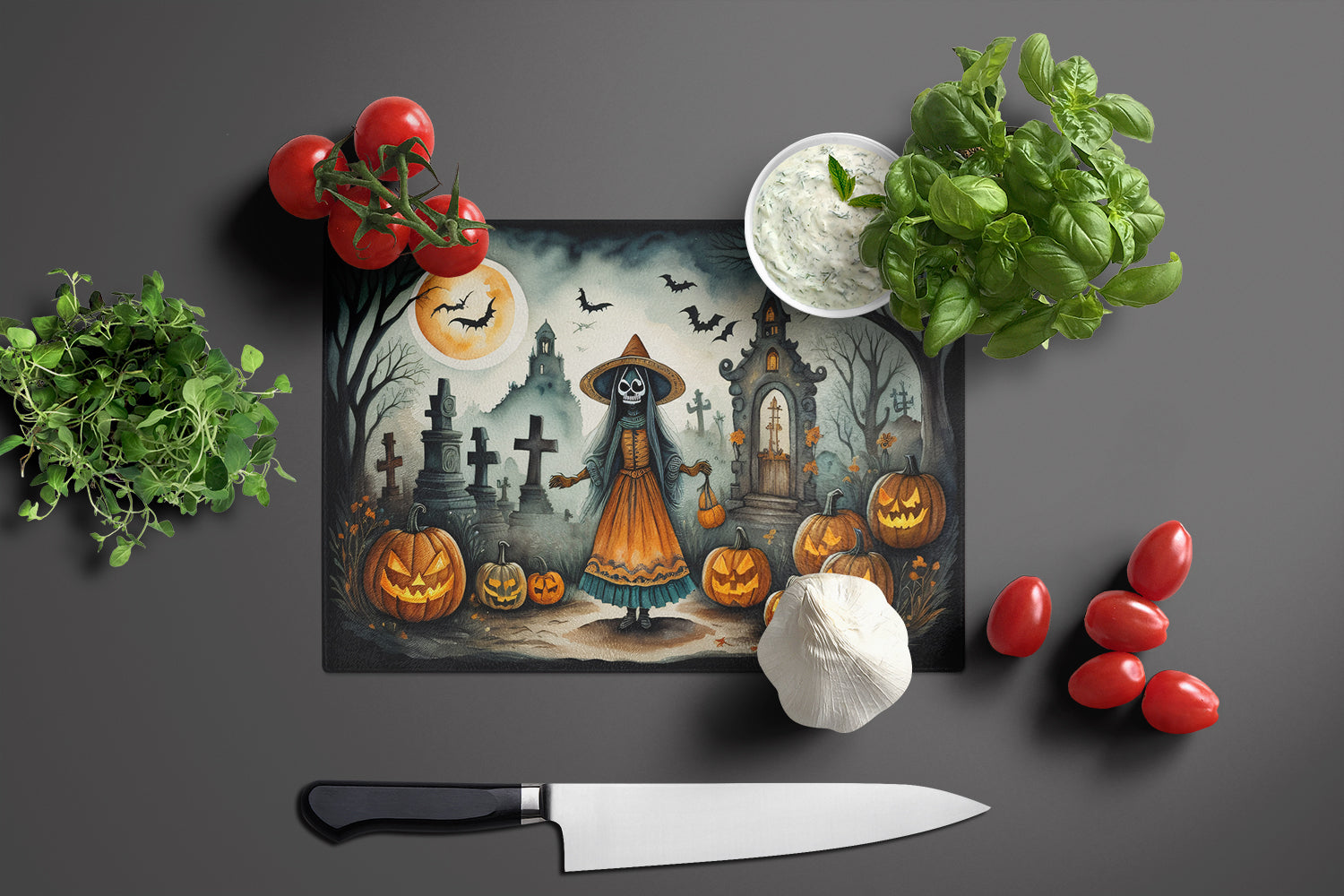 La Llorona Skeleton Spooky Halloween Cutting Board Tempered Glass Kitchen Cutting Surface, Heat Resistant Chopping, Non-Slip Feet, Food Prep & Serving