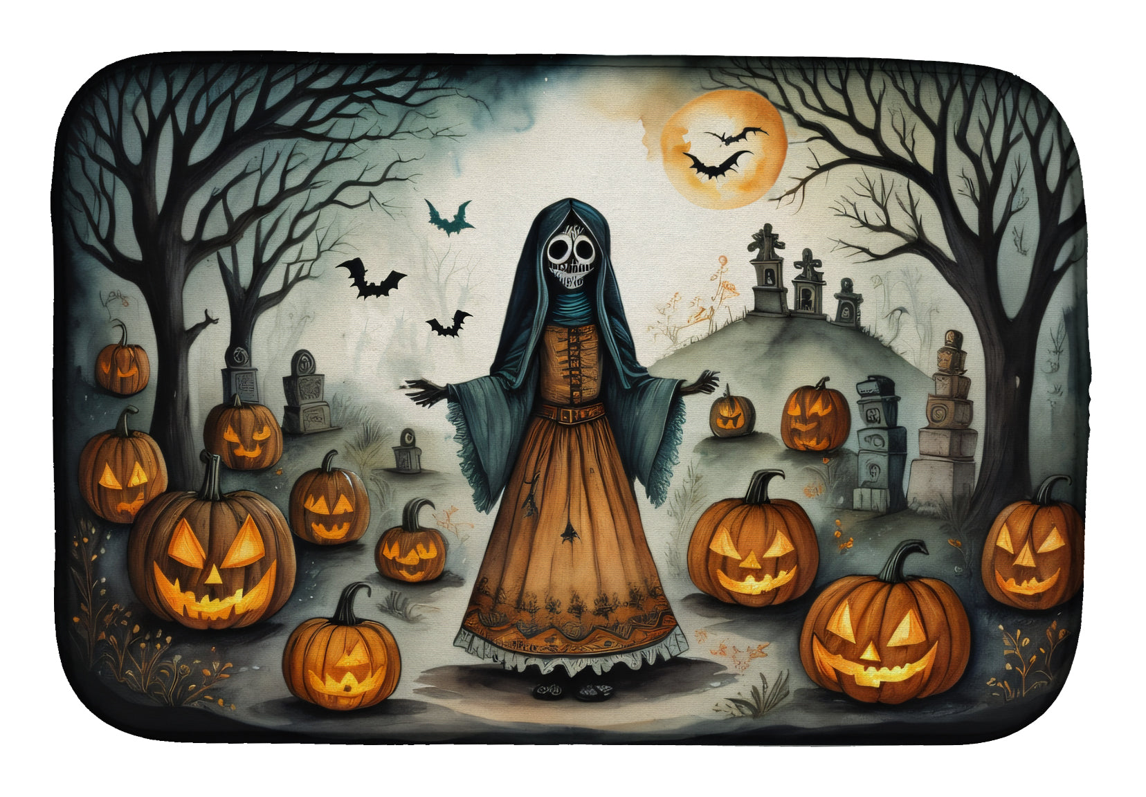 La Llorona Skeleton Spooky Halloween Dish Drying Mat Absorbent Dish Drying Mat Pad for Kitchen Counter Dish Drainer Mat for Countertop, 14 x 21", Multicolor