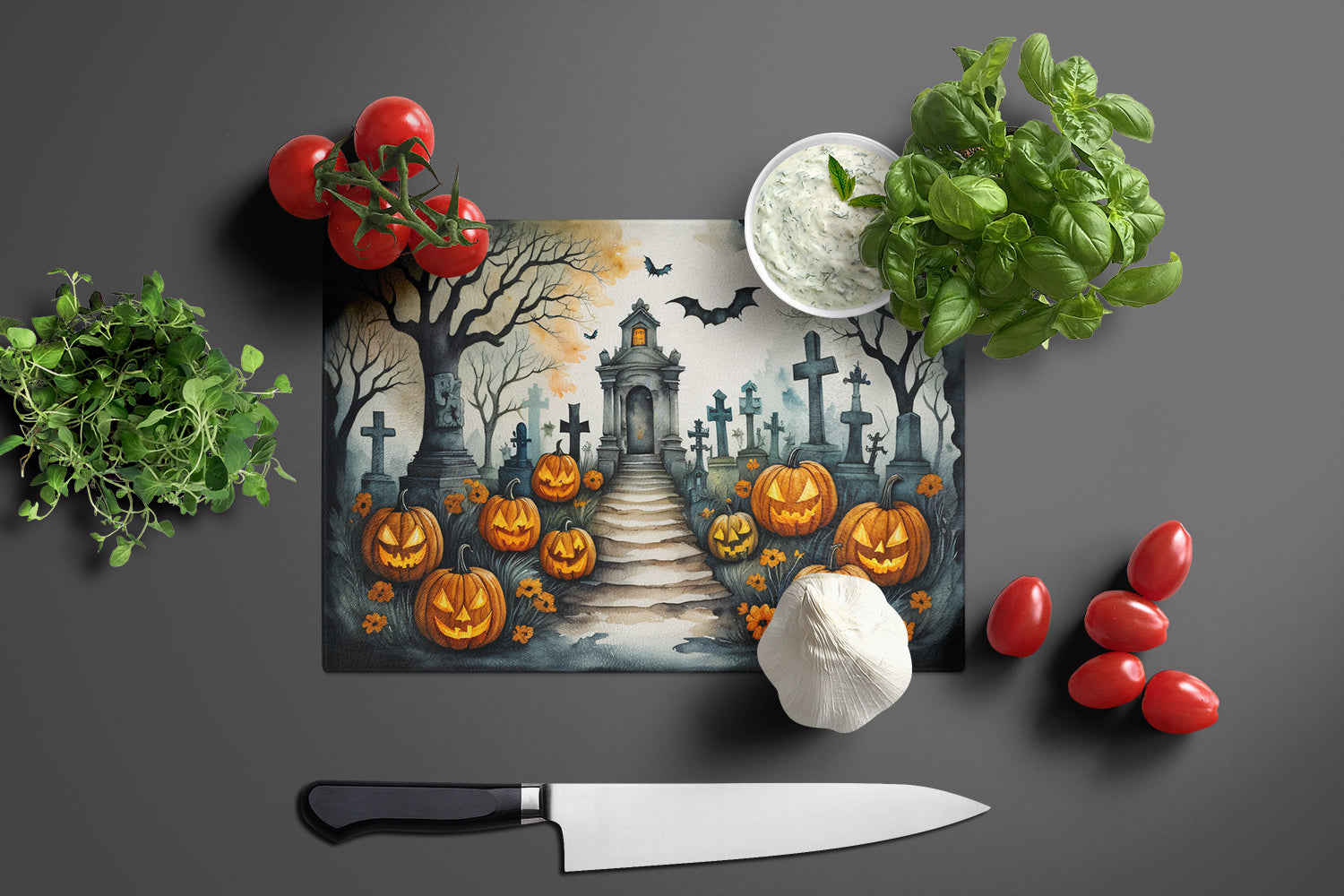Marigold Spooky Halloween Cutting Board Tempered Glass Kitchen Cutting Surface, Heat Resistant Chopping, Non-Slip Feet, Food Prep & Serving