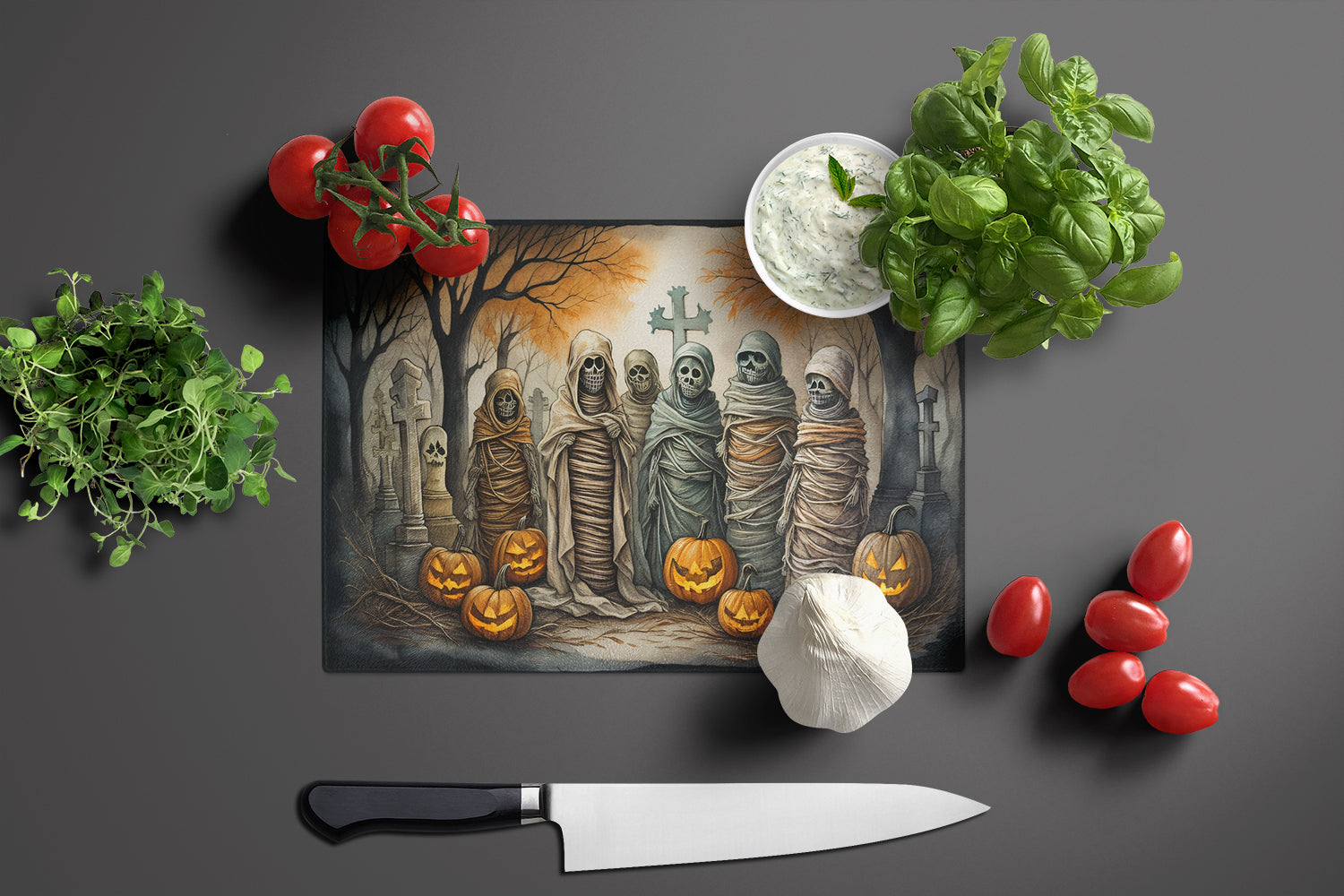 Mummies Spooky Halloween Cutting Board Tempered Glass Kitchen Cutting Surface, Heat Resistant Chopping, Non-Slip Feet, Food Prep & Serving