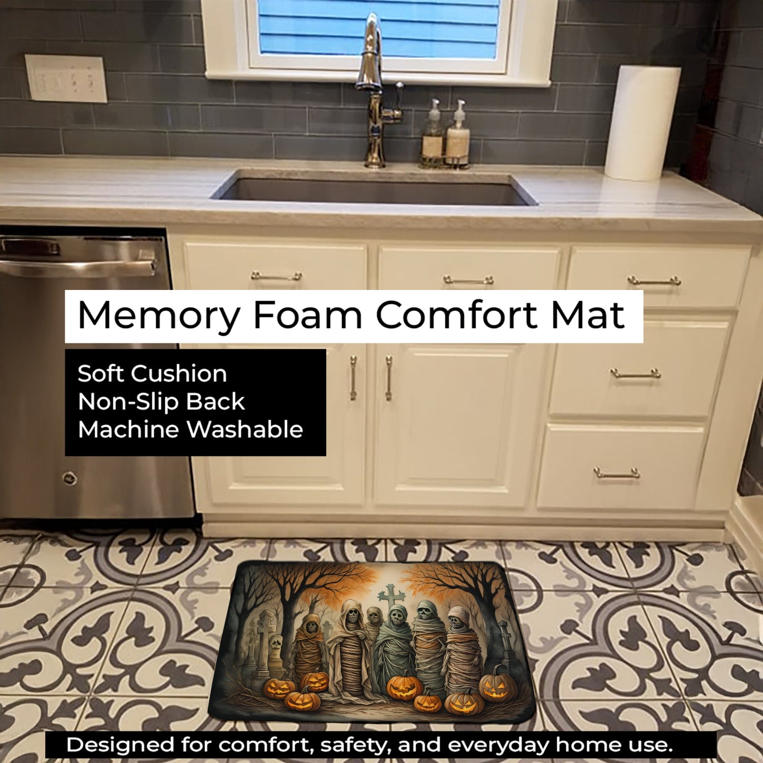 Mummies Spooky Halloween Memory Foam Kitchen Mat Machine Washable Anti-Fatigue Cushion Comfort Bath or Kitchen Rug