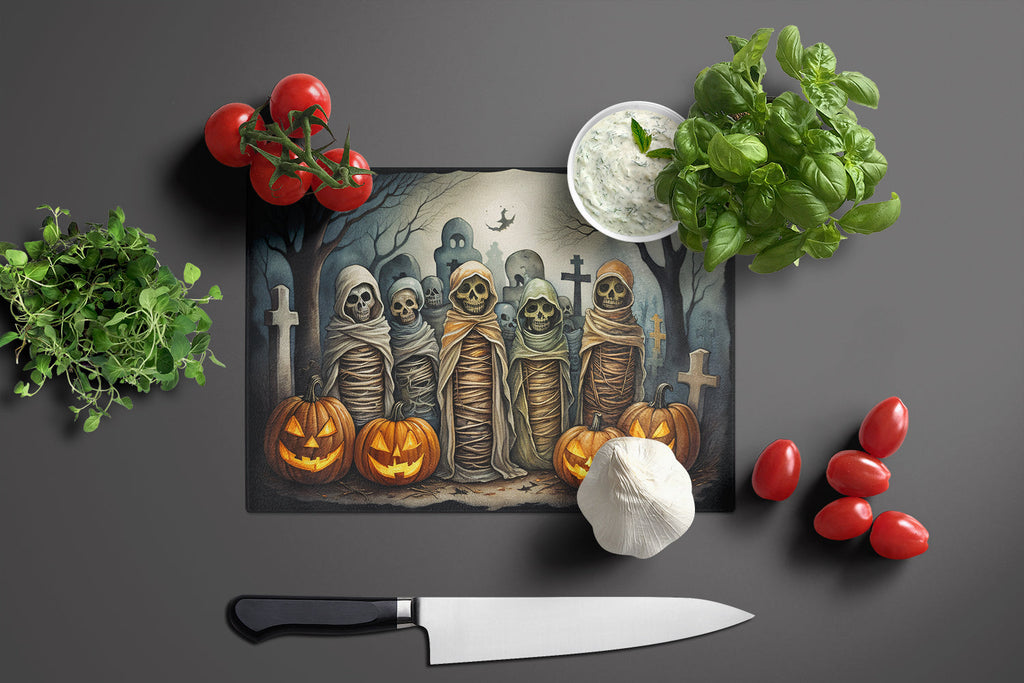 Mummies Spooky Halloween Cutting Board Tempered Glass Kitchen Cutting Surface, Heat Resistant Chopping, Non-Slip Feet, Food Prep & Serving
