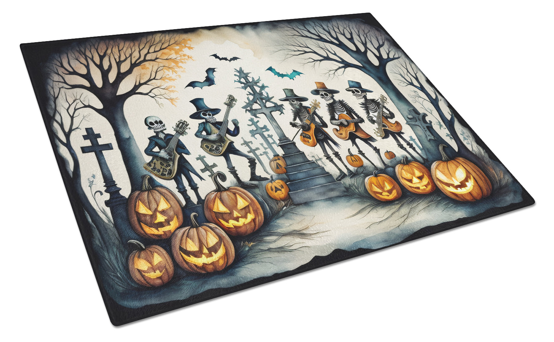 Mariachi Skeleton Band Spooky Halloween Cutting Board Tempered Glass Kitchen Cutting Surface, Heat Resistant Chopping, Non-Slip Feet, Food Prep & Serving