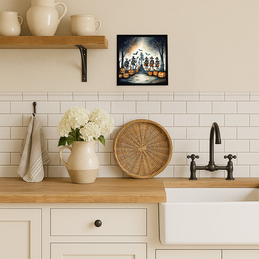 Mariachi Skeleton Band Spooky Halloween Framed Metal Print Bathroom, Kitchen, Office, Home Decor Wall Art Ready to Hang, Square, 8X8