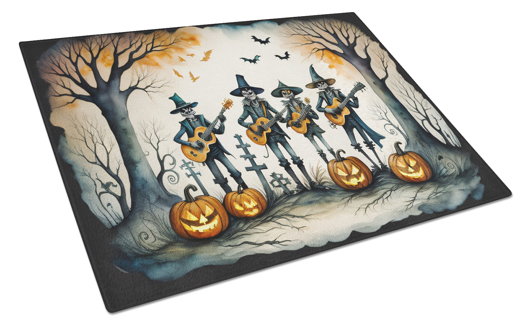 Mariachi Skeleton Band Spooky Halloween Cutting Board Tempered Glass Kitchen Cutting Surface, Heat Resistant Chopping, Non-Slip Feet, Food Prep & Serving