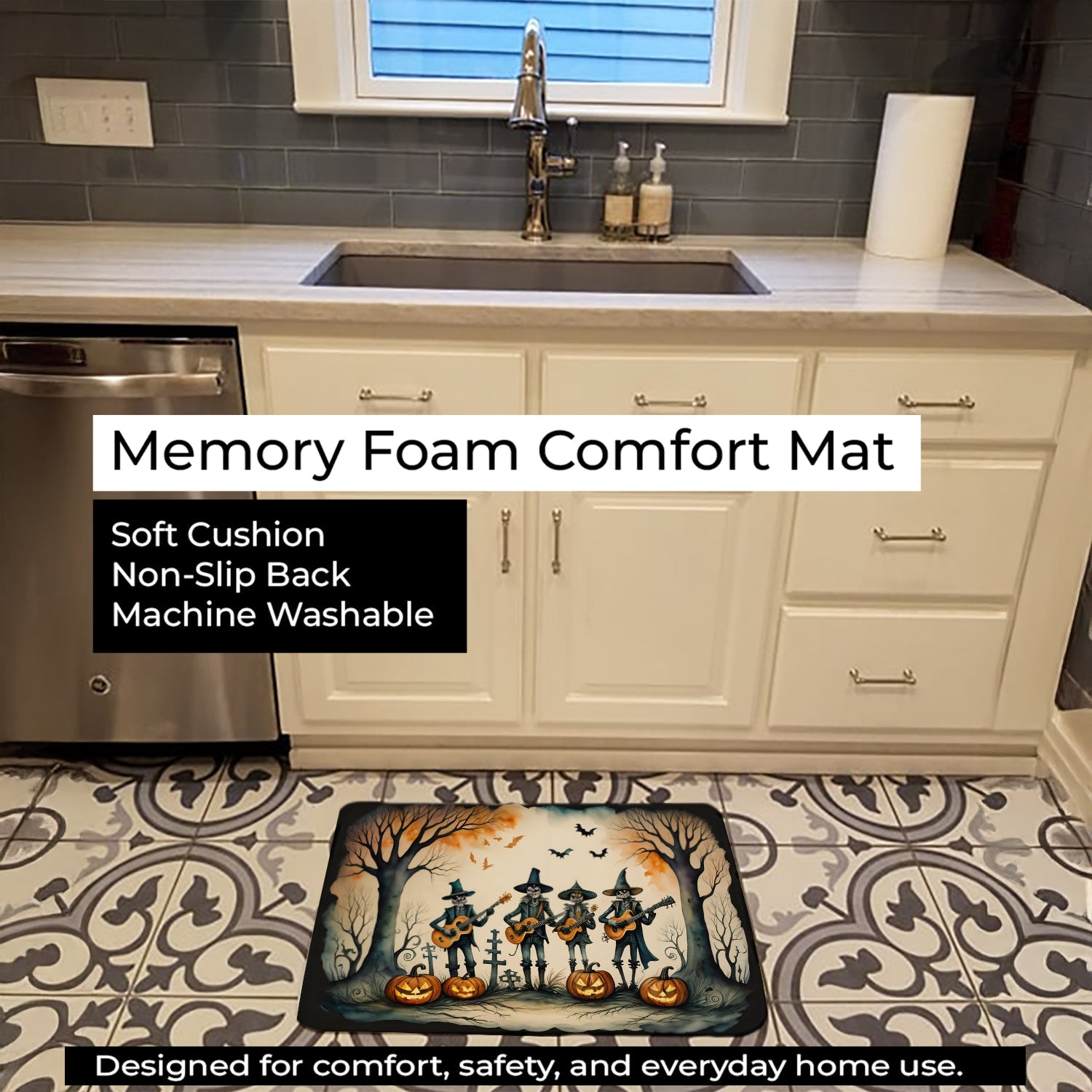 Mariachi Skeleton Band Spooky Halloween Memory Foam Kitchen Mat Machine Washable Anti-Fatigue Cushion Comfort Bath or Kitchen Rug