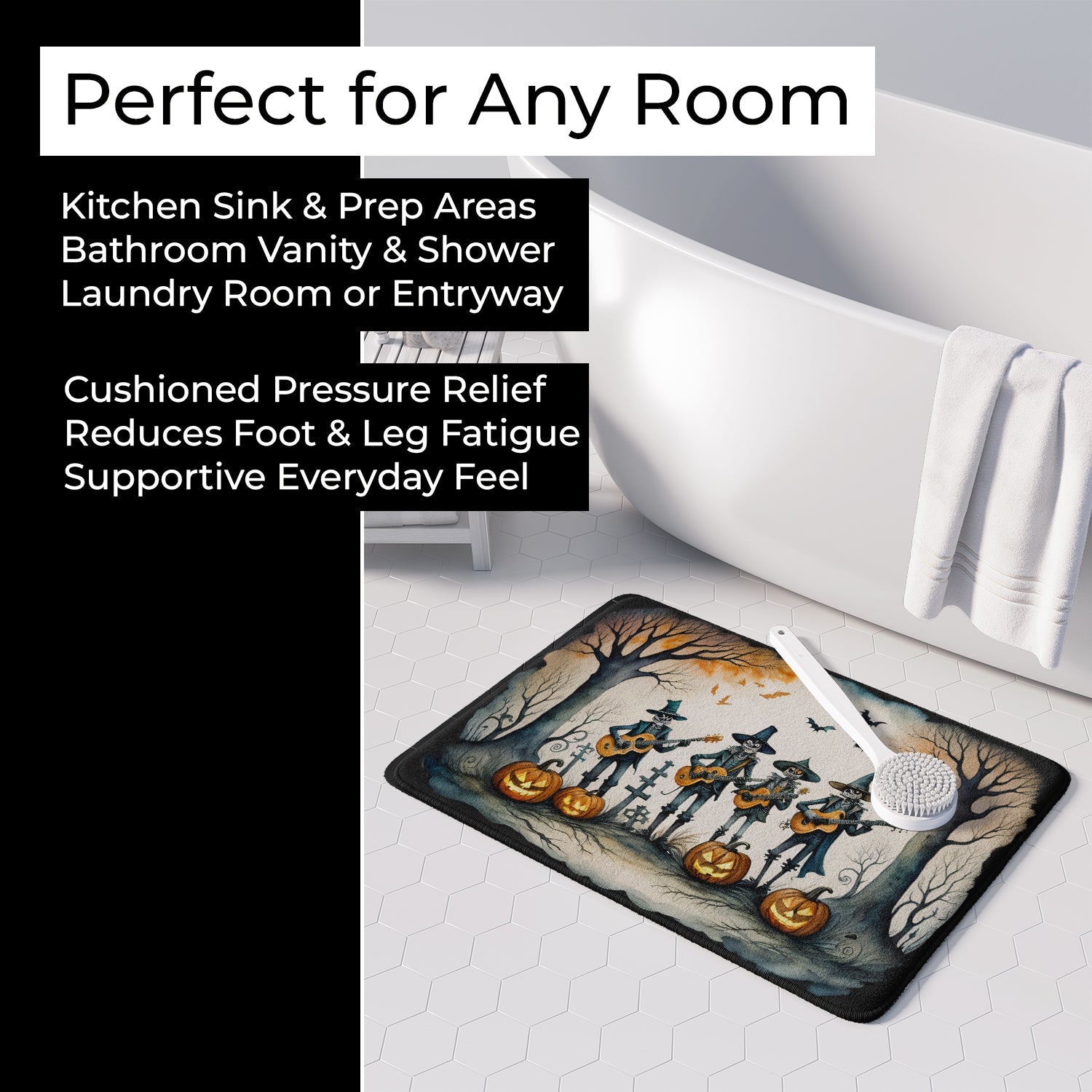 Mariachi Skeleton Band Spooky Halloween Memory Foam Kitchen Mat Machine Washable Anti-Fatigue Cushion Comfort Bath or Kitchen Rug