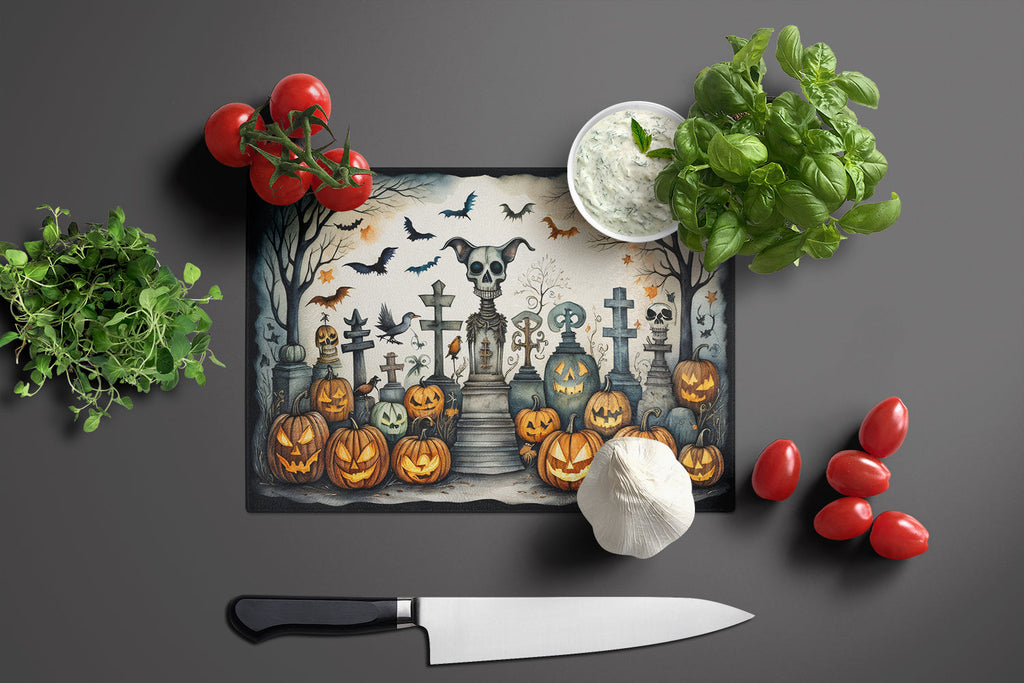 Pet Cemetery Spooky Halloween Cutting Board Tempered Glass Kitchen Cutting Surface, Heat Resistant Chopping, Non-Slip Feet, Food Prep & Serving