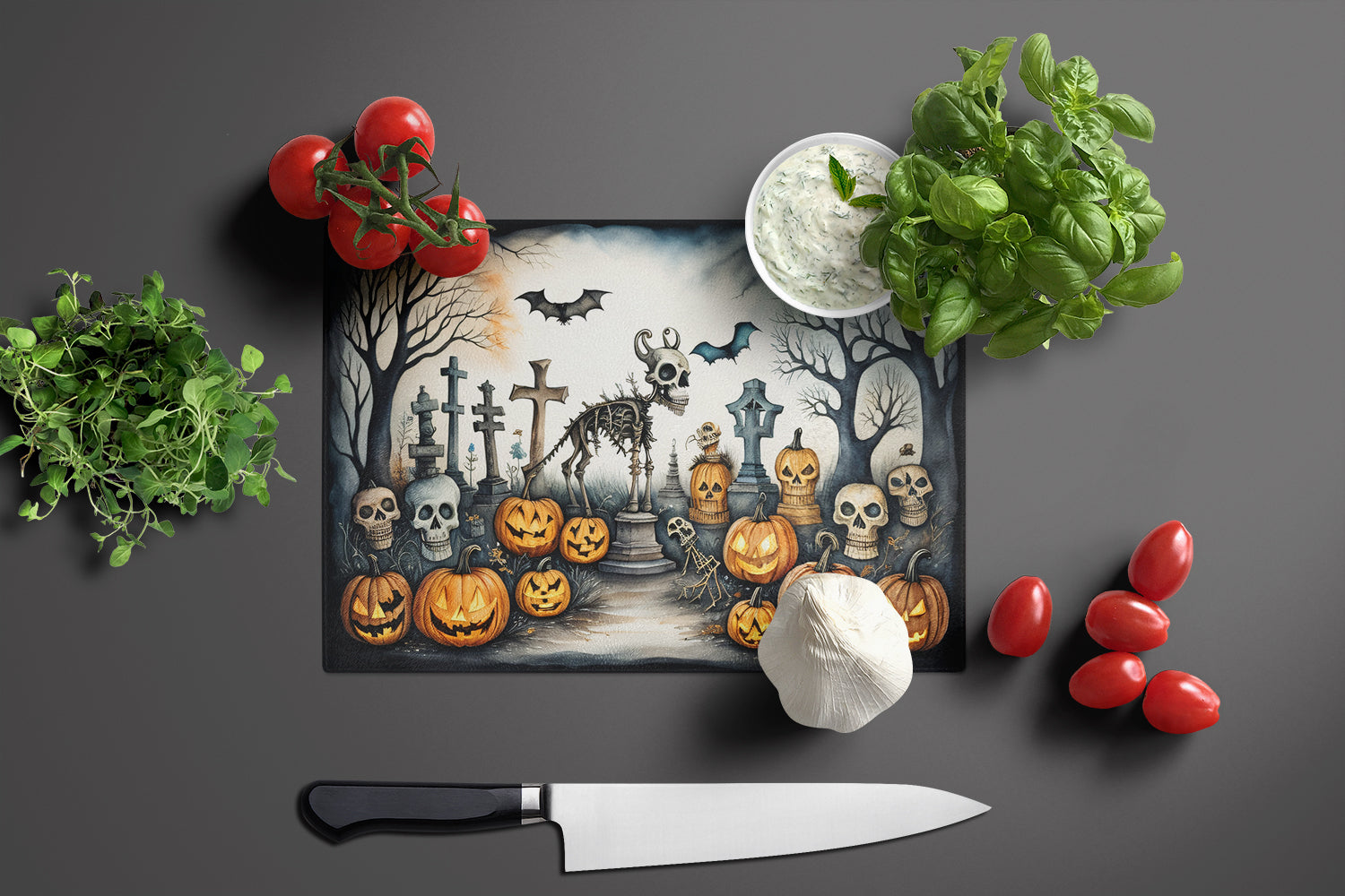 Pet Cemetery Spooky Halloween Cutting Board Tempered Glass Kitchen Cutting Surface, Heat Resistant Chopping, Non-Slip Feet, Food Prep & Serving