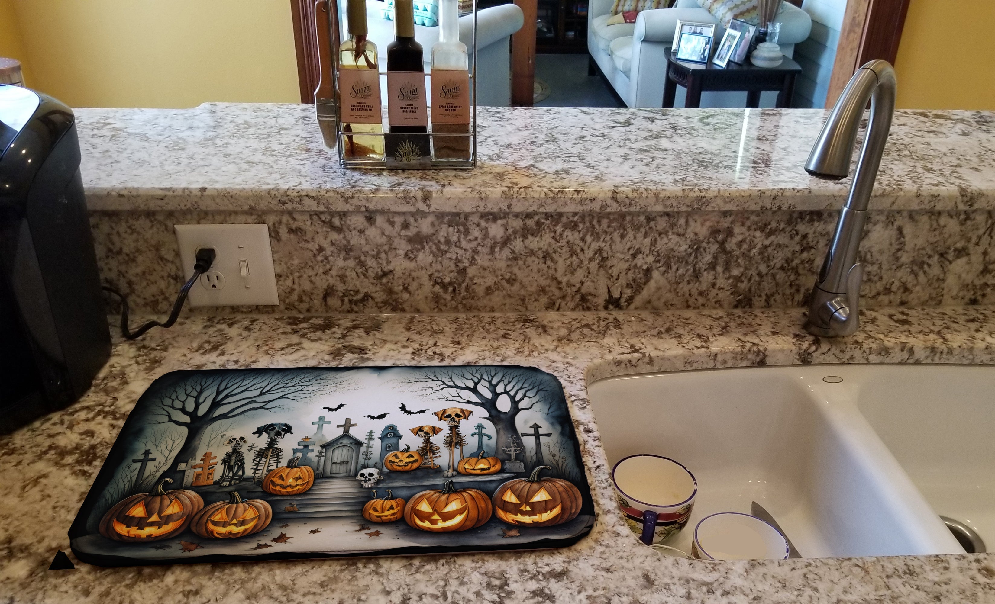 Pet Cemetery Spooky Halloween Dish Drying Mat Absorbent Dish Drying Mat Pad for Kitchen Counter Dish Drainer Mat for Countertop, 14 x 21", Multicolor