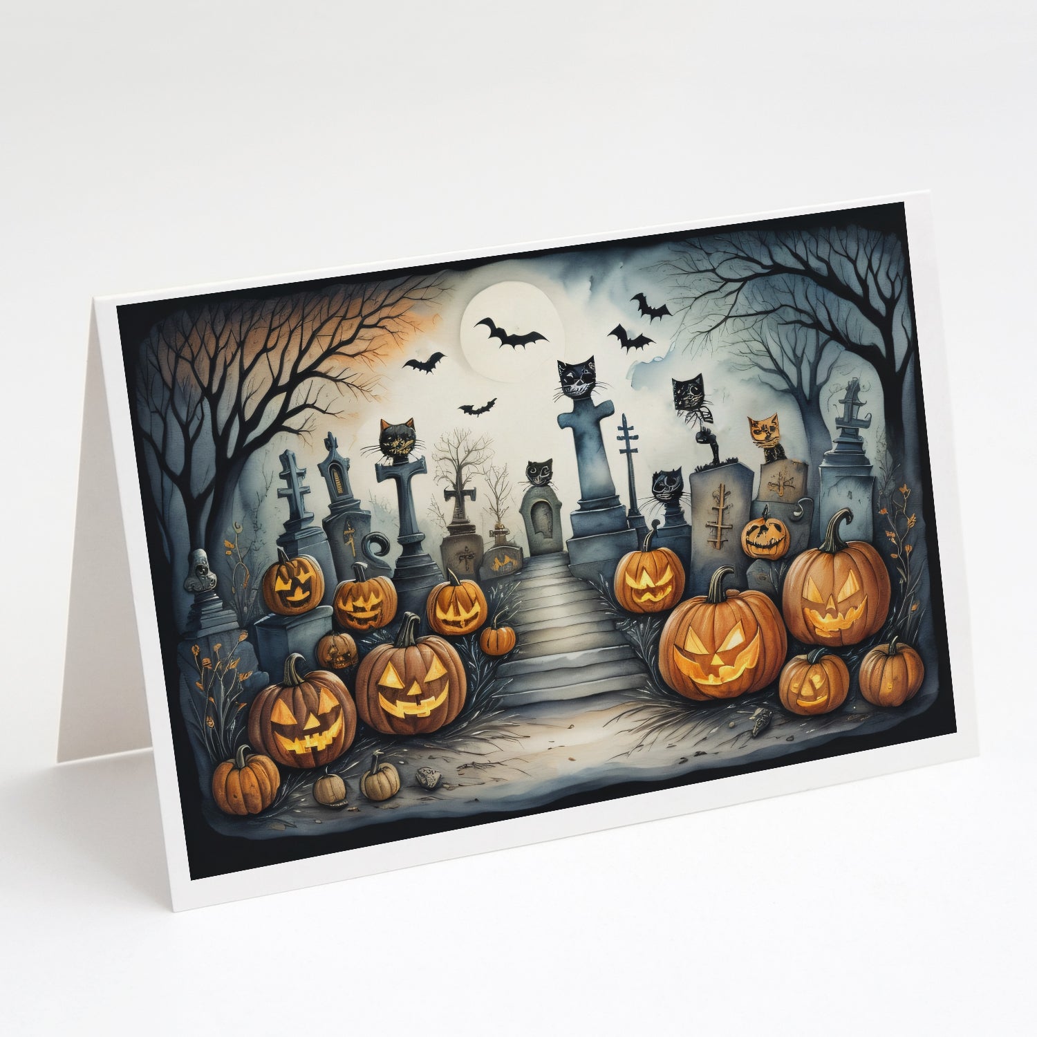 Cat Cemetery Spooky Halloween Greeting Cards Pack of 8 Blank Cards with Envelopes Whimsical A7 Size 5x7