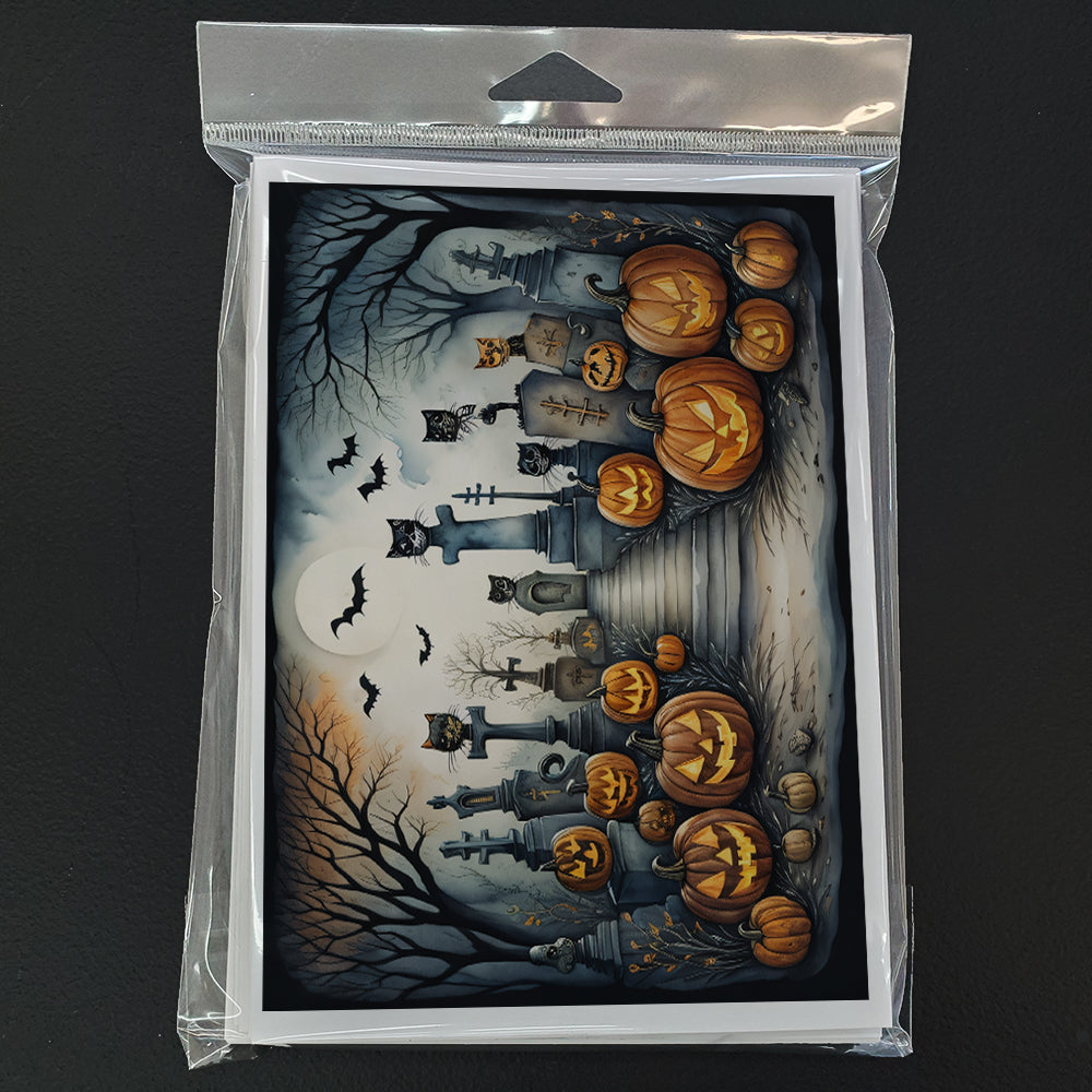 Cat Cemetery Spooky Halloween Greeting Cards Pack of 8 Blank Cards with Envelopes Whimsical A7 Size 5x7