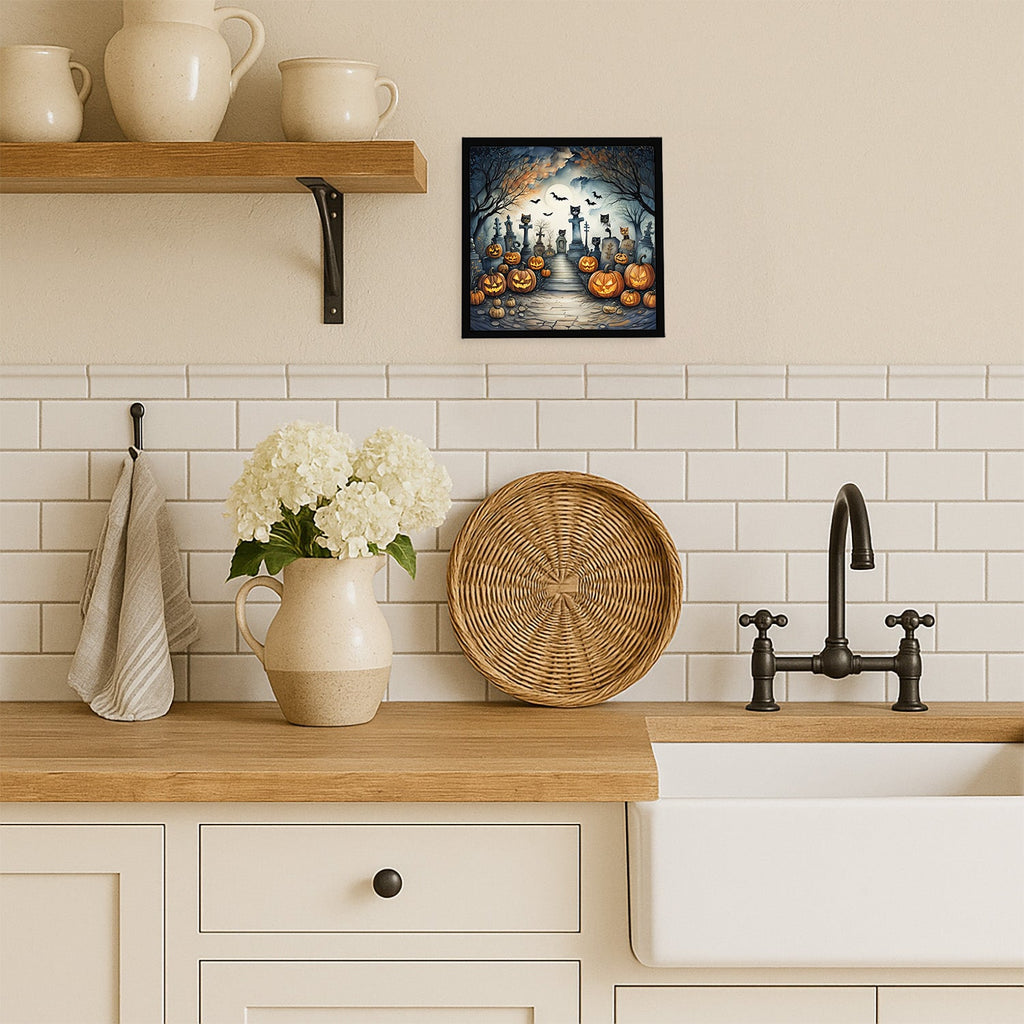 Cat Cemetery Spooky Halloween Framed Metal Print Bathroom, Kitchen, Office, Home Decor Wall Art Ready to Hang, Square, 8X8