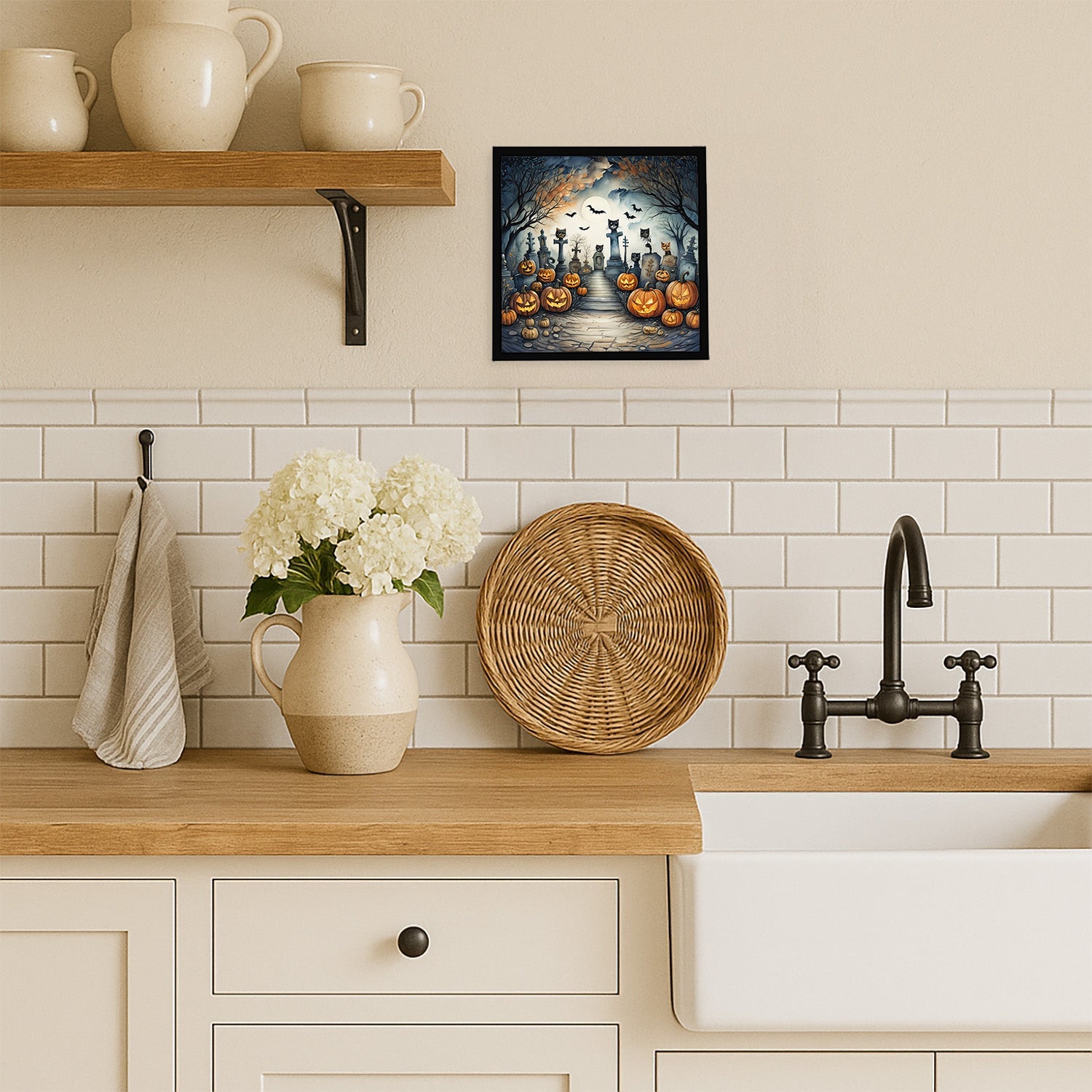 Cat Cemetery Spooky Halloween Framed Metal Print Bathroom, Kitchen, Office, Home Decor Wall Art Ready to Hang, Square, 8X8