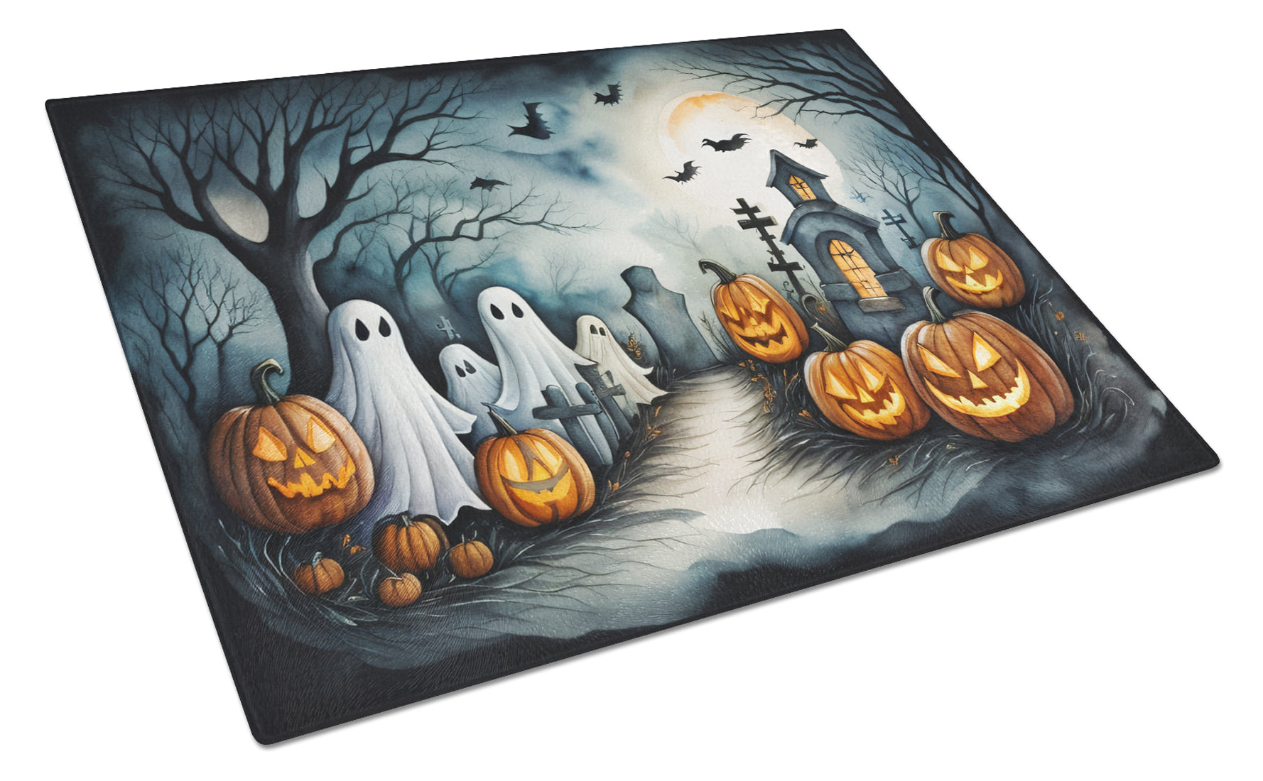 Ghosts Spooky Halloween Cutting Board Tempered Glass Kitchen Cutting Surface, Heat Resistant Chopping, Non-Slip Feet, Food Prep & Serving